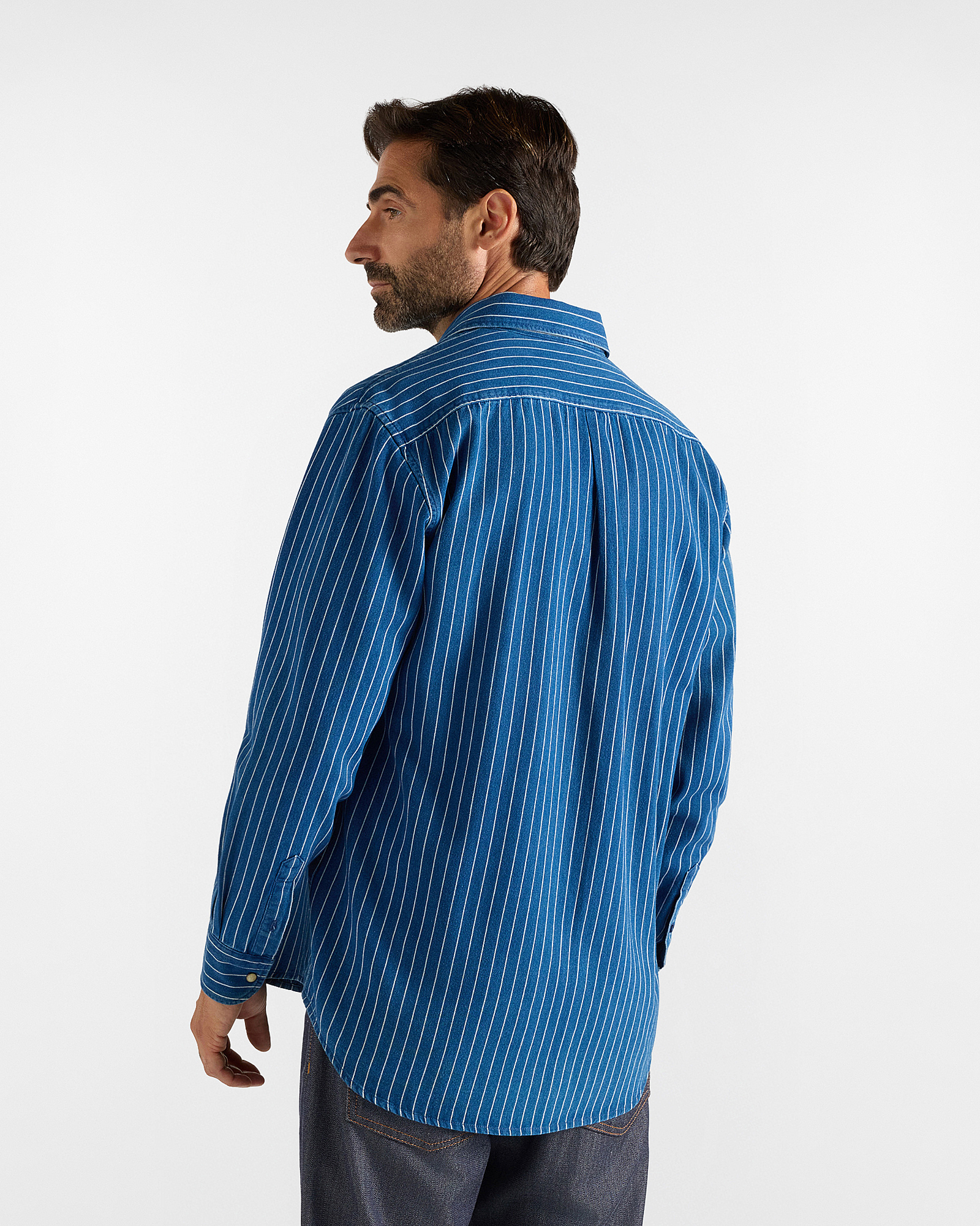 Camicia Uomo in denim con righe sottili Classic Fit, BLU DENIM, large