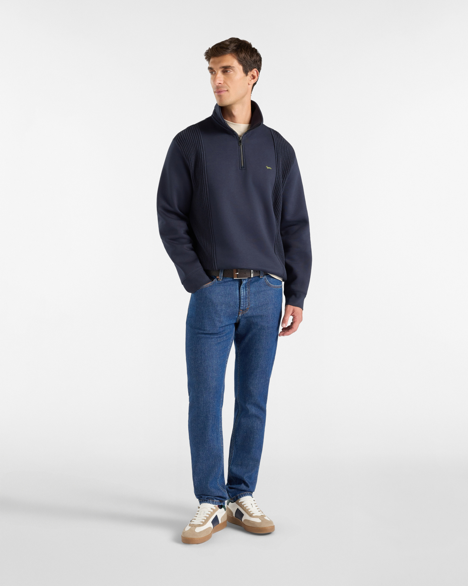 Felpa Uomo Half Zip in Tessuto Tecnico con Inserti in Maglia, BLU NAVY, large