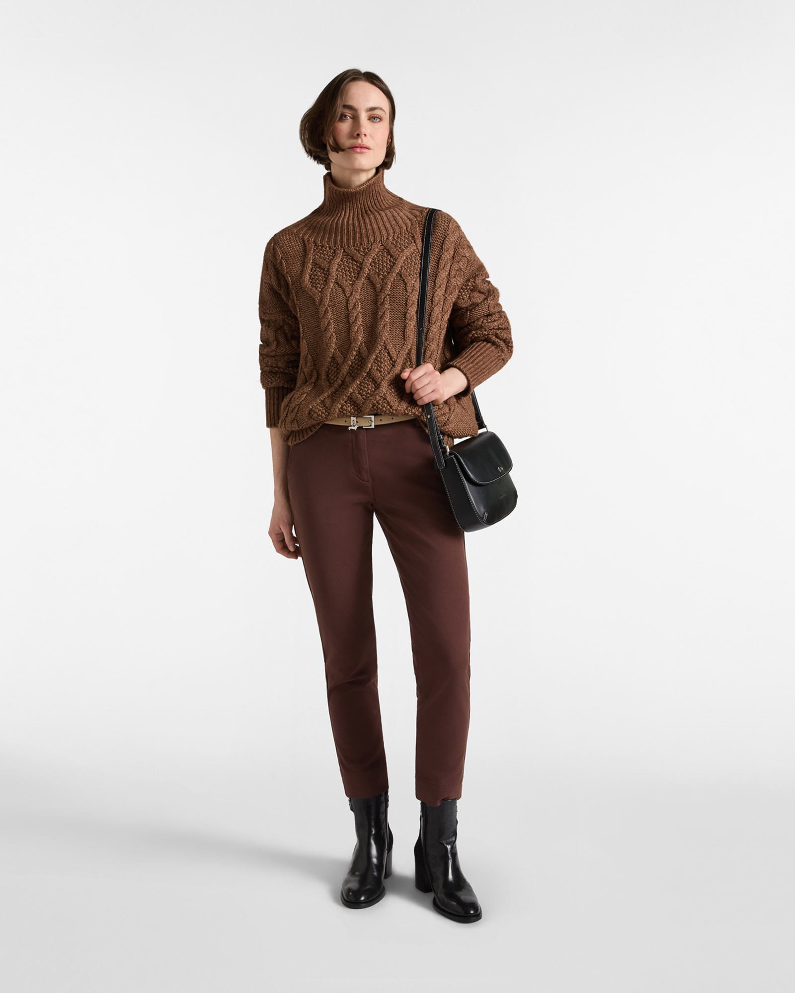 Maxi Pullover Donna con collo alto a dolcevita in misto lana con cachemire e cotone Over Fit, MARRONE SCURO, large