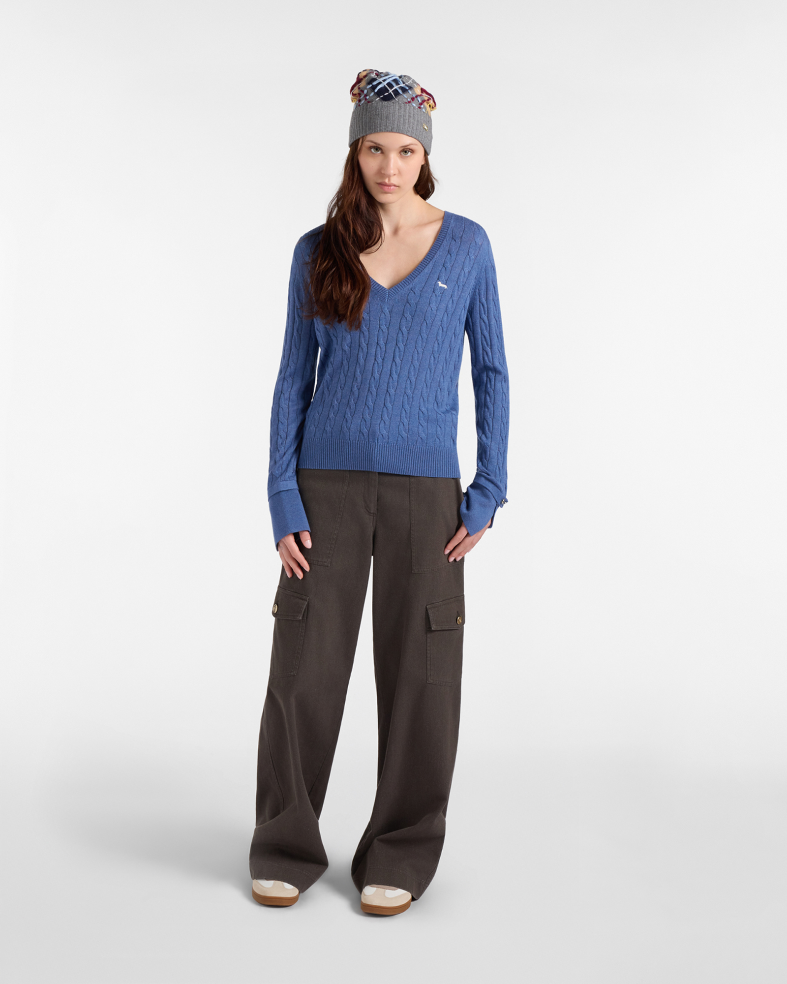 Maglia Donna con scollo a V in misto lana con cachemire  Regular Fit, AZZURRO, large