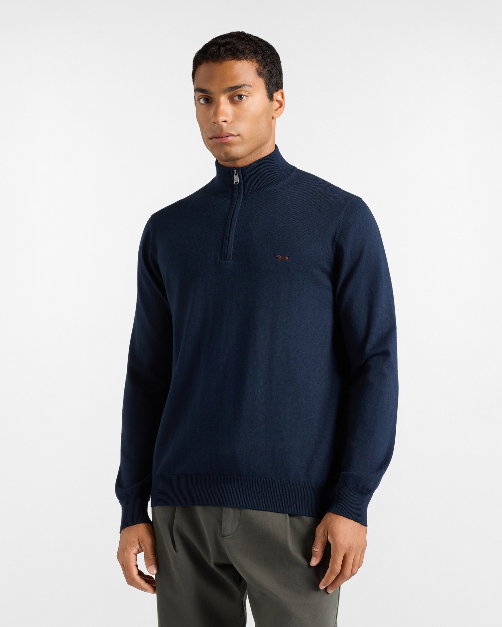 Maglia Uomo con collo alto half zip in misto lana e cotone  Regular Fit, BLU NAVY, large