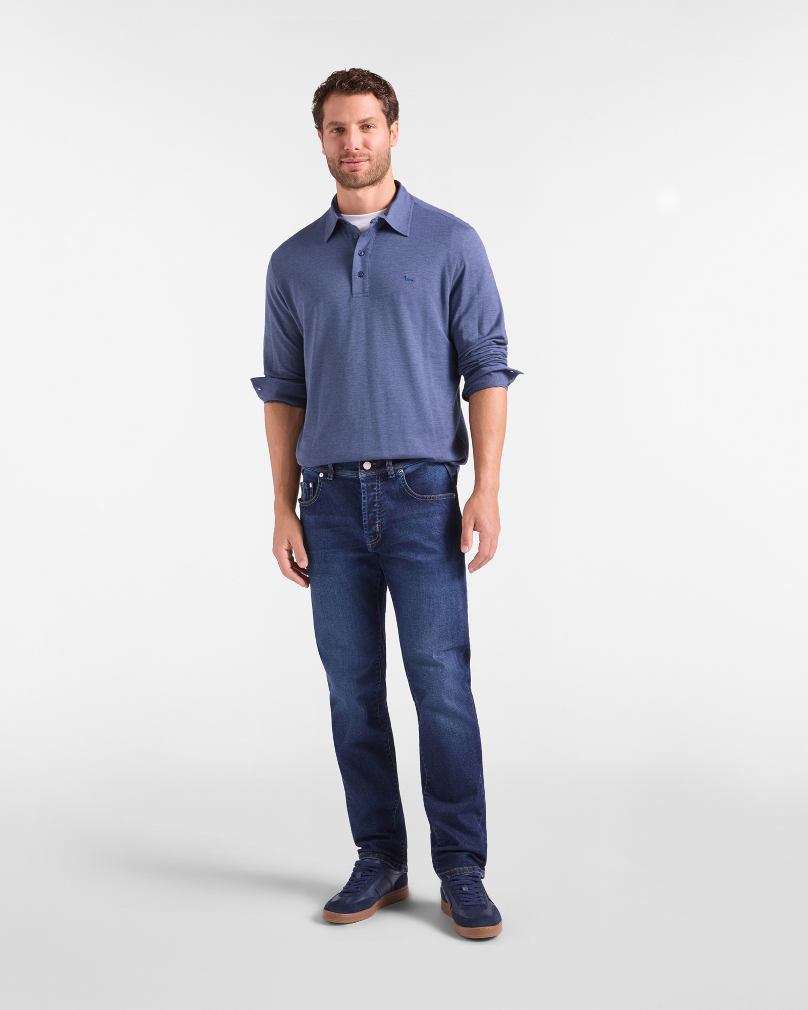 Polo da uomo manica lunga in piquet di misto cotone e Lyocell, AZZURRO, large