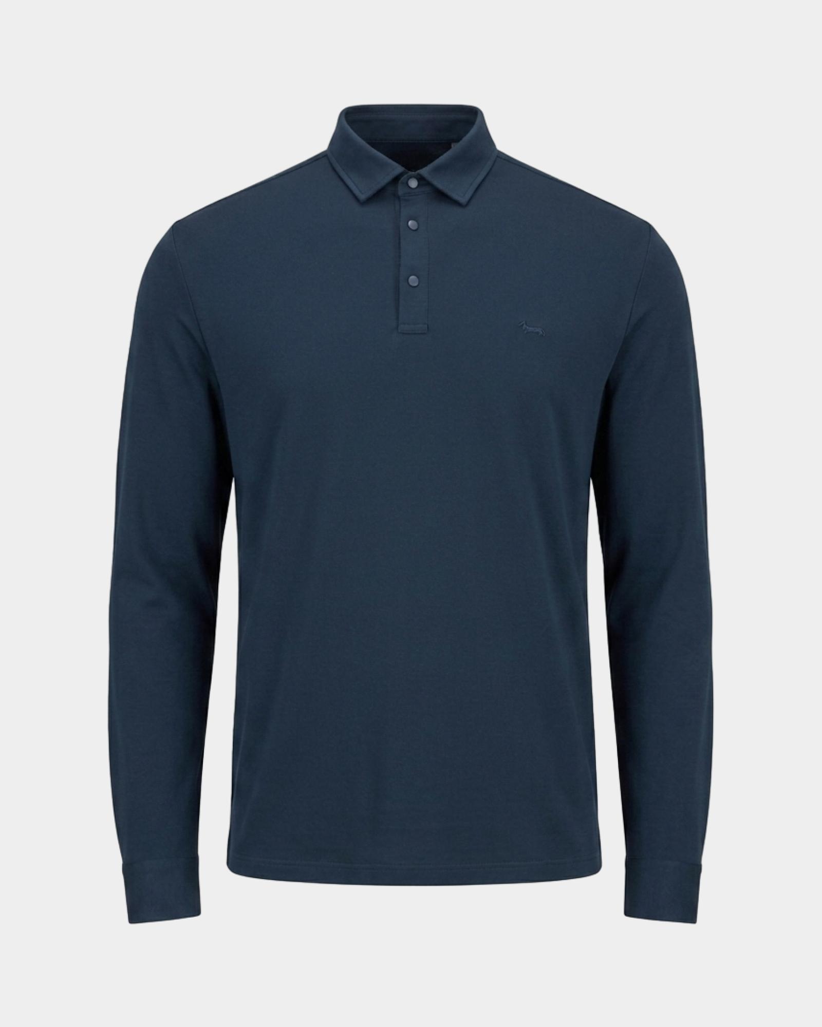 Polo da uomo manica lunga in piquet di cotone stretch grigio, BLU NAVY, large