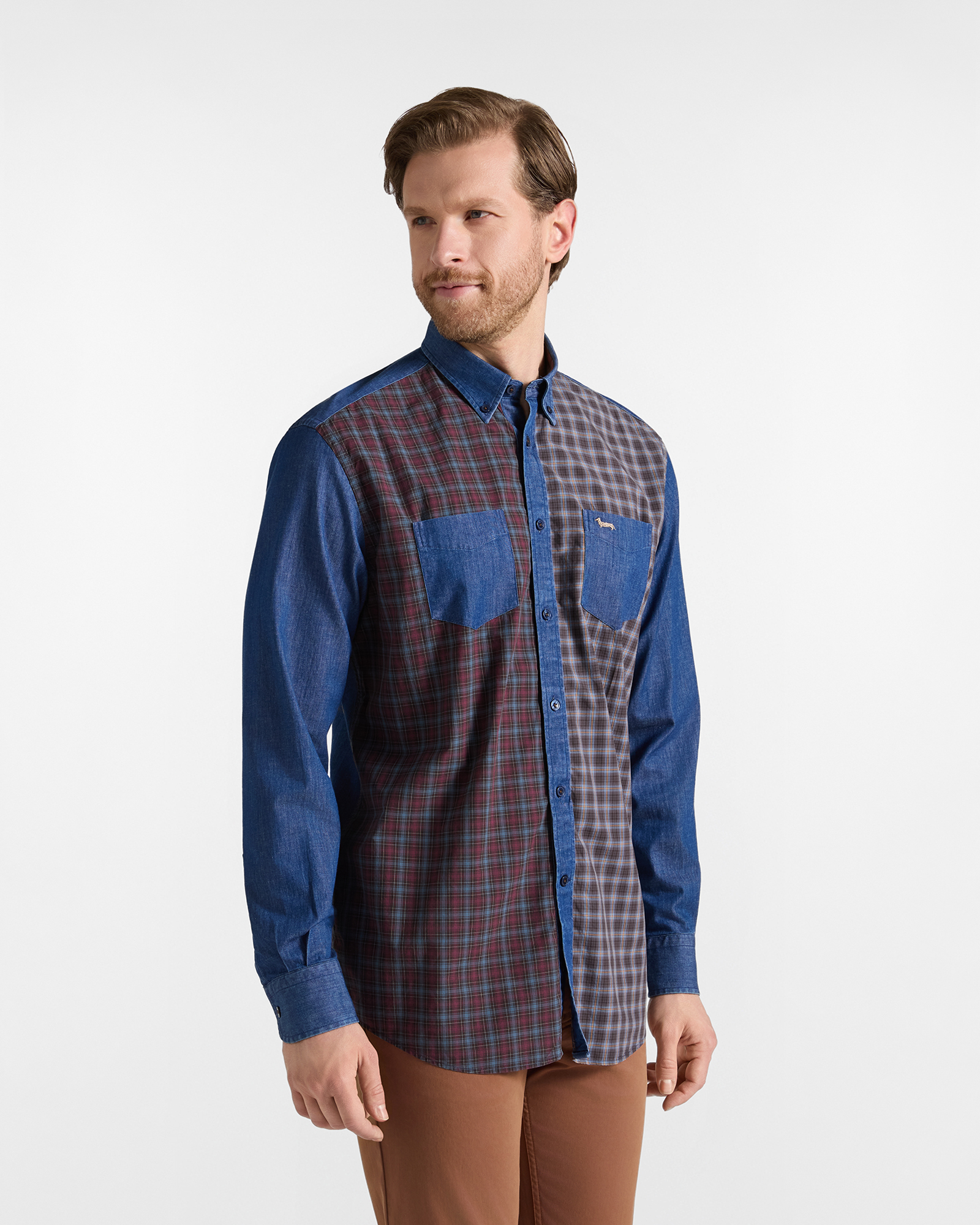 Camicia Uomo in denim con davanti a quadri Classic Fit blu