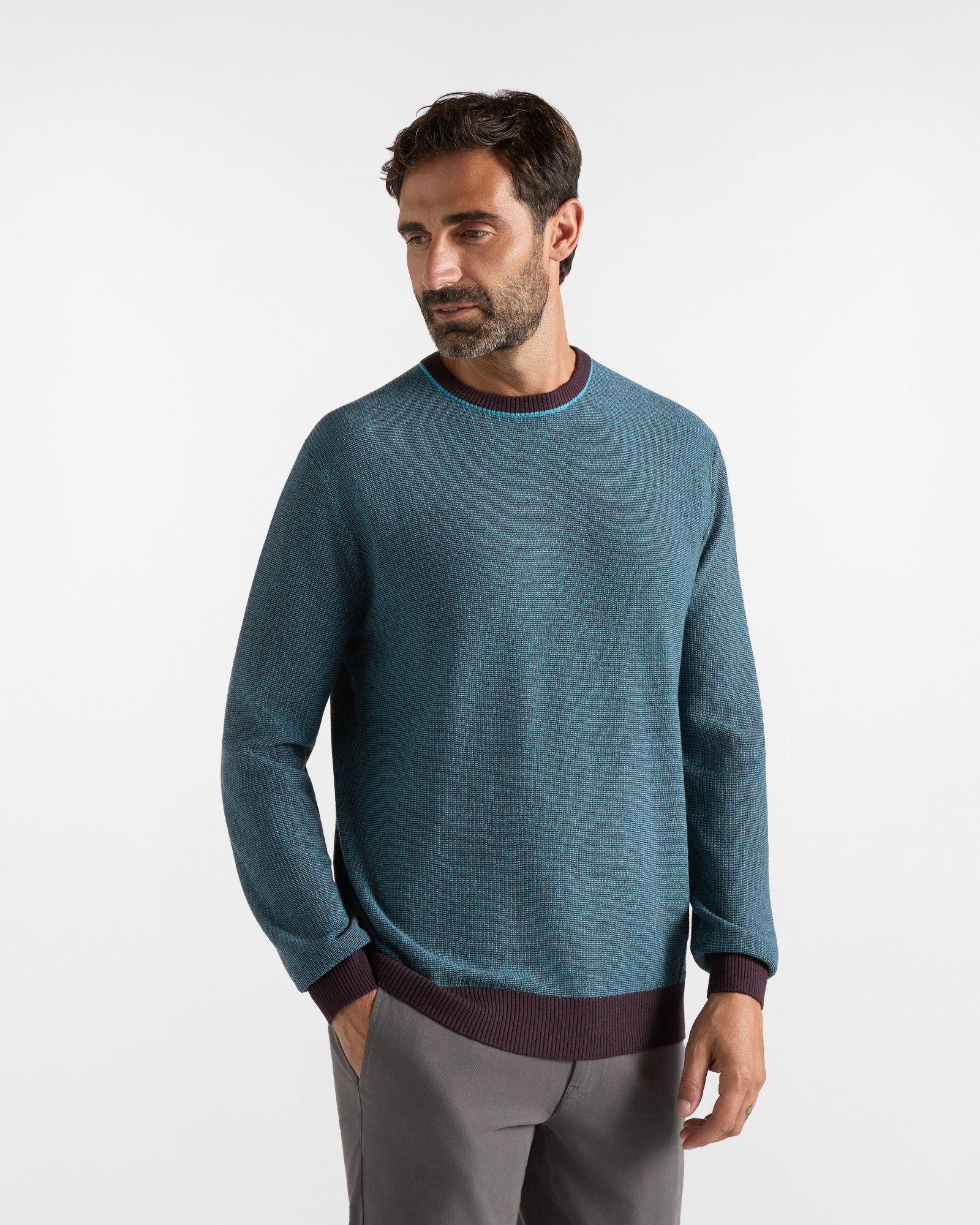 Maglia Girocollo HBJ Uomo punto misto in lana e cashmere verde acqua / bordeaux