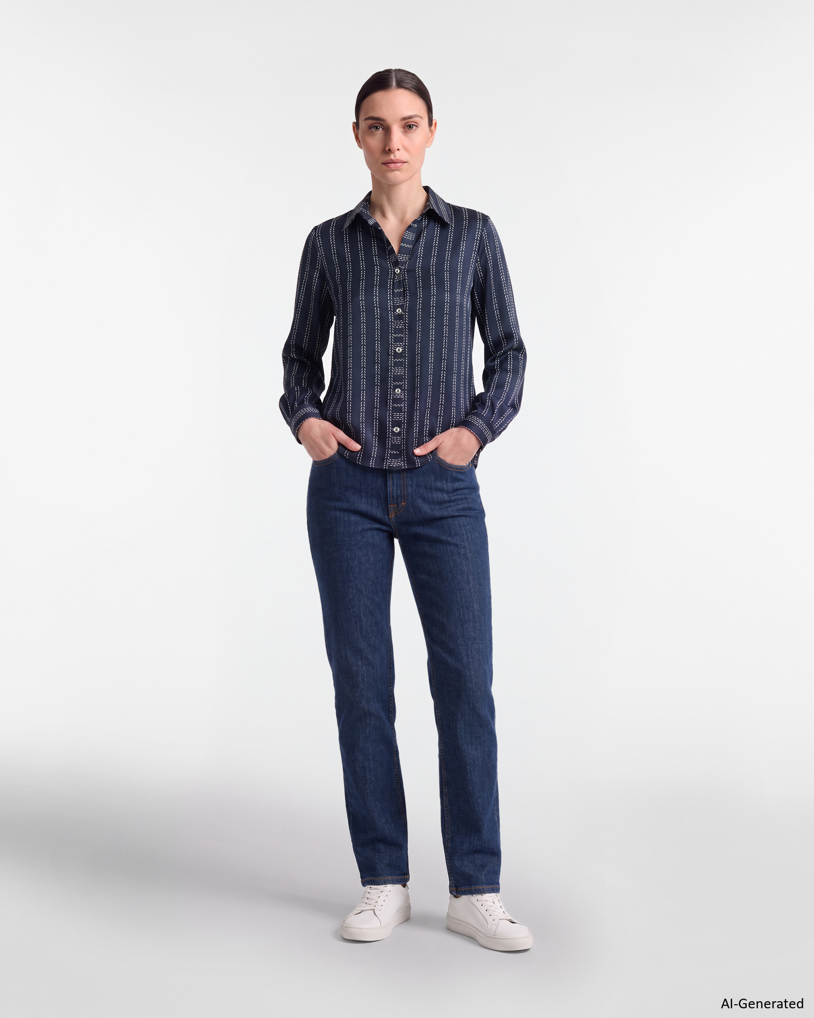 Camicia Donna stampata con scollo a V Made in Italy, BLU, large