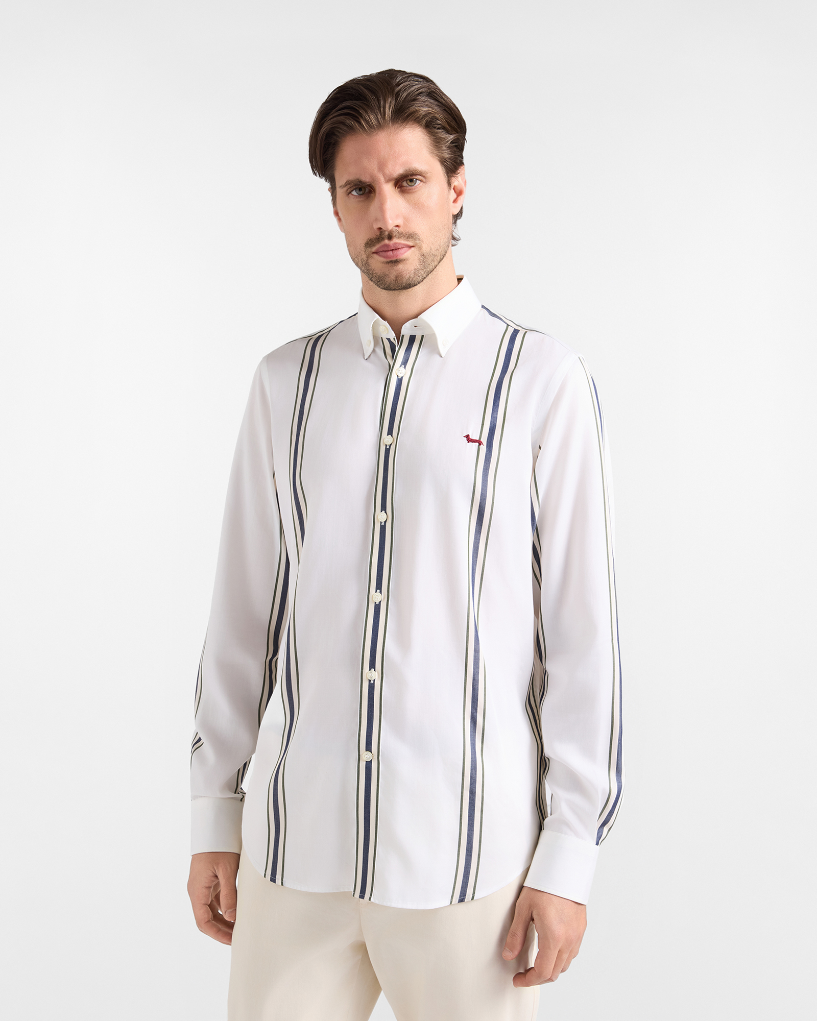 Camicia Uomo Tencel&reg; riga regimental Narrow Fit bianco Camicia
