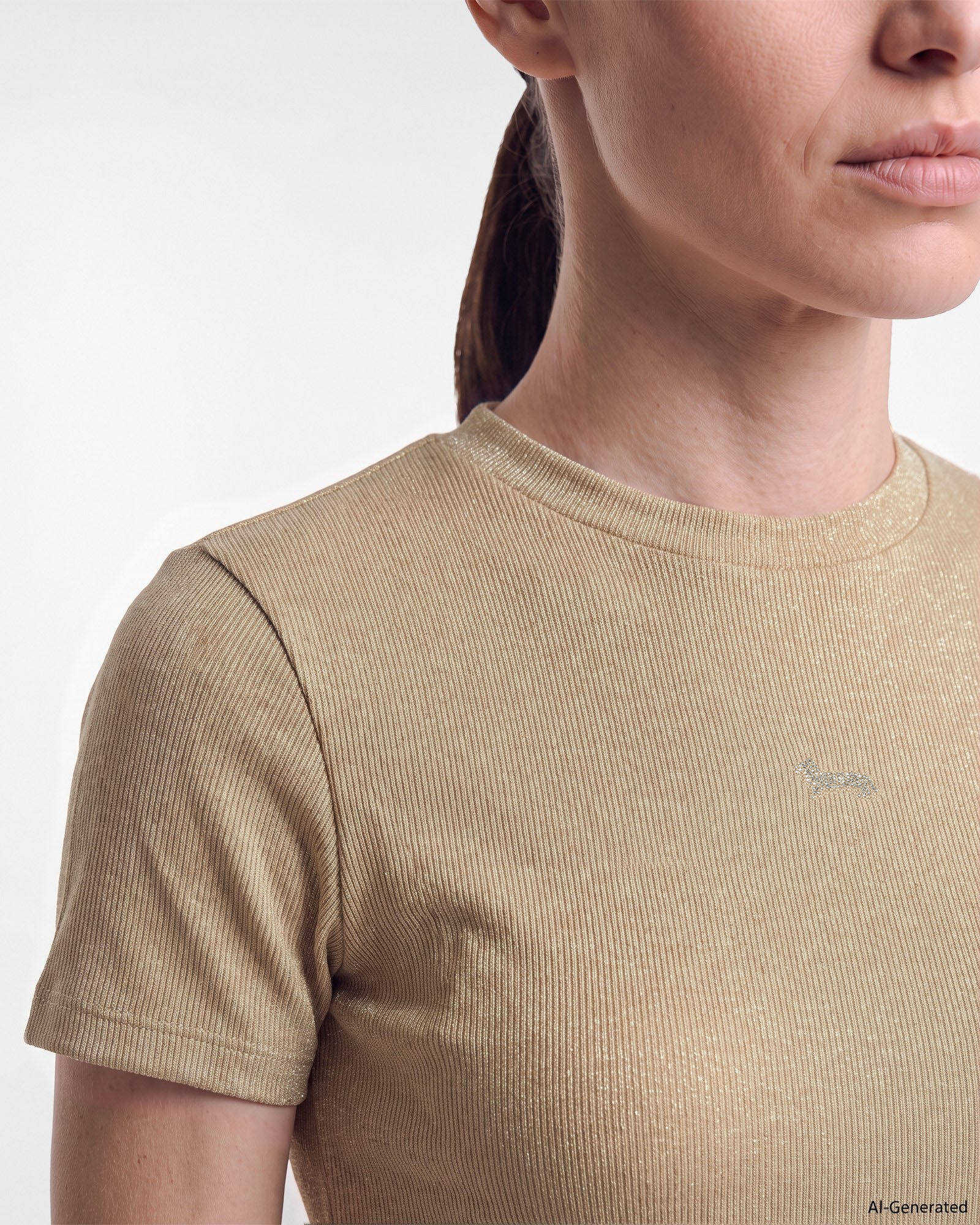 T-shirt Donna Slim in Costina Lam&eacute; con bassottino strass in nylon stretch, TORTORA, large