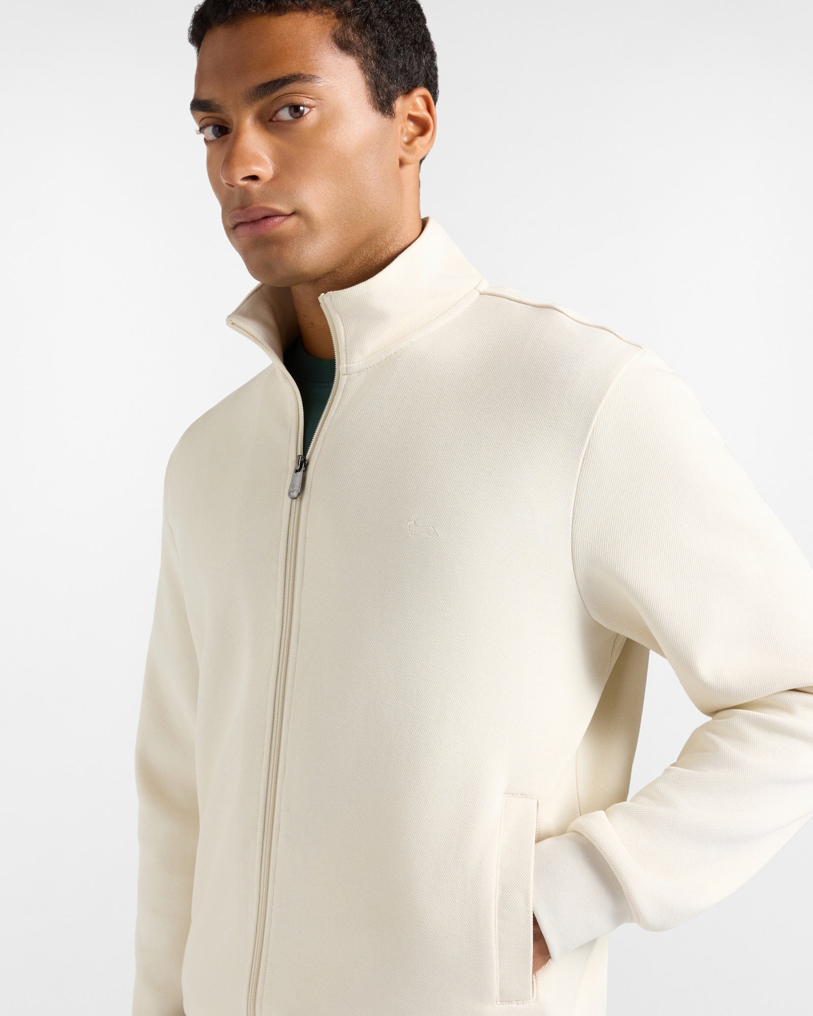 Felpa Uomo full zip in piquet  con finiture rigate, TORTORA, large