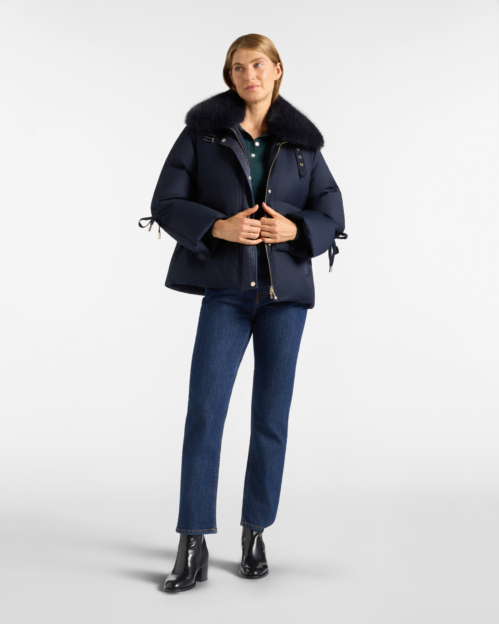 Piumino Donna over in lana tecnica con imbottitura in piuma, BLU NAVY, large