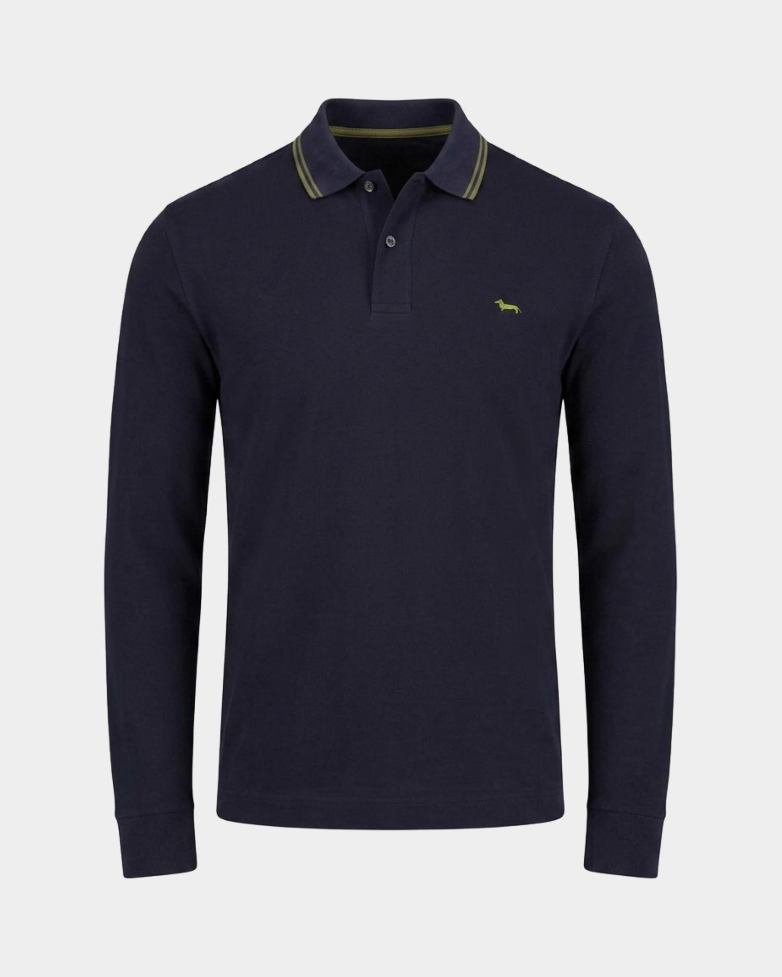 Polo da uomo manica lunga in piquet di 100% puro cotone, BLU NAVY, large