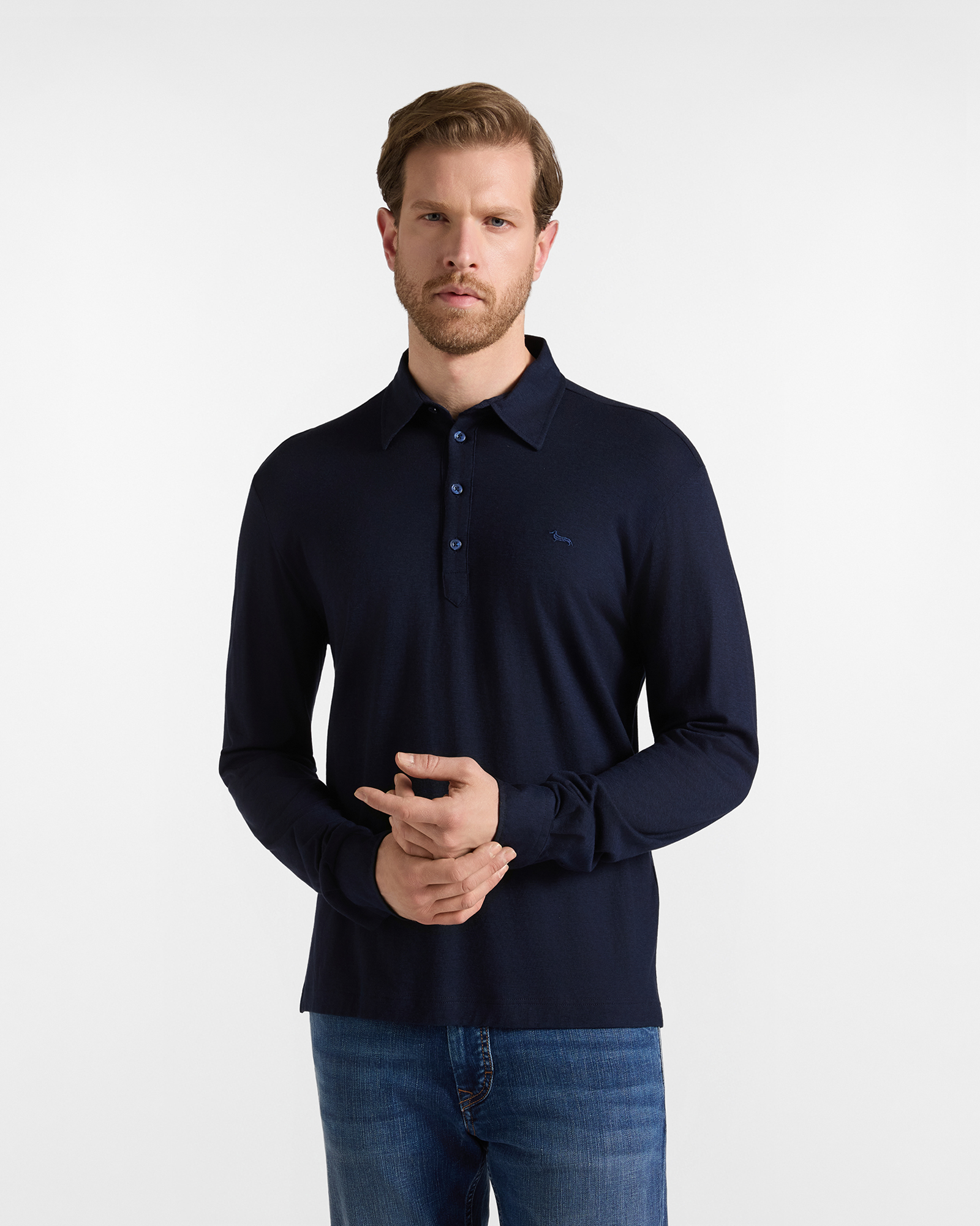 Polo da uomo manica lunga in jersey di misto cotone e Lyocell blu