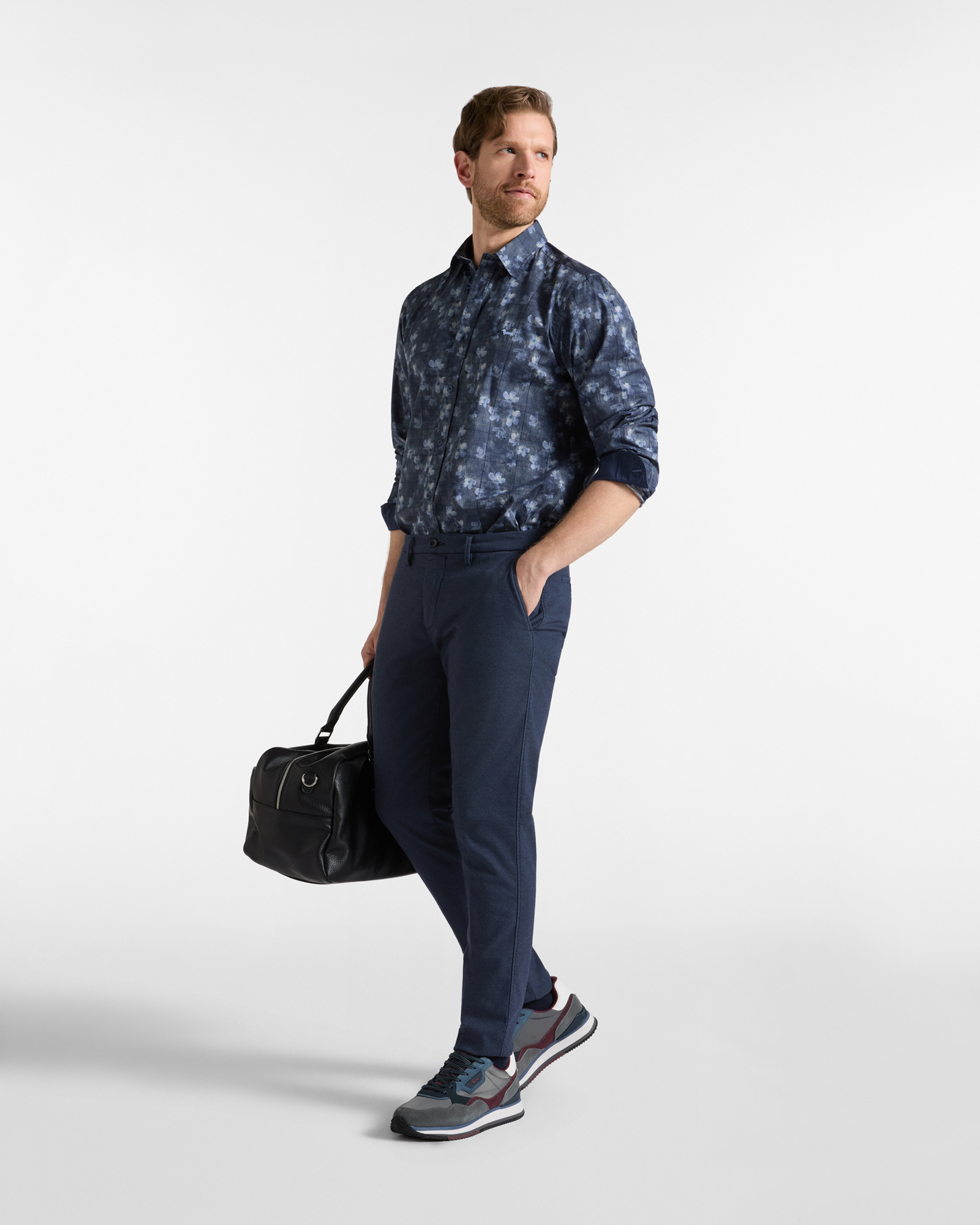 Camicia Uomo popeline stampa Principe di Galles e fiore Regular Fit, BLU NAVY, large