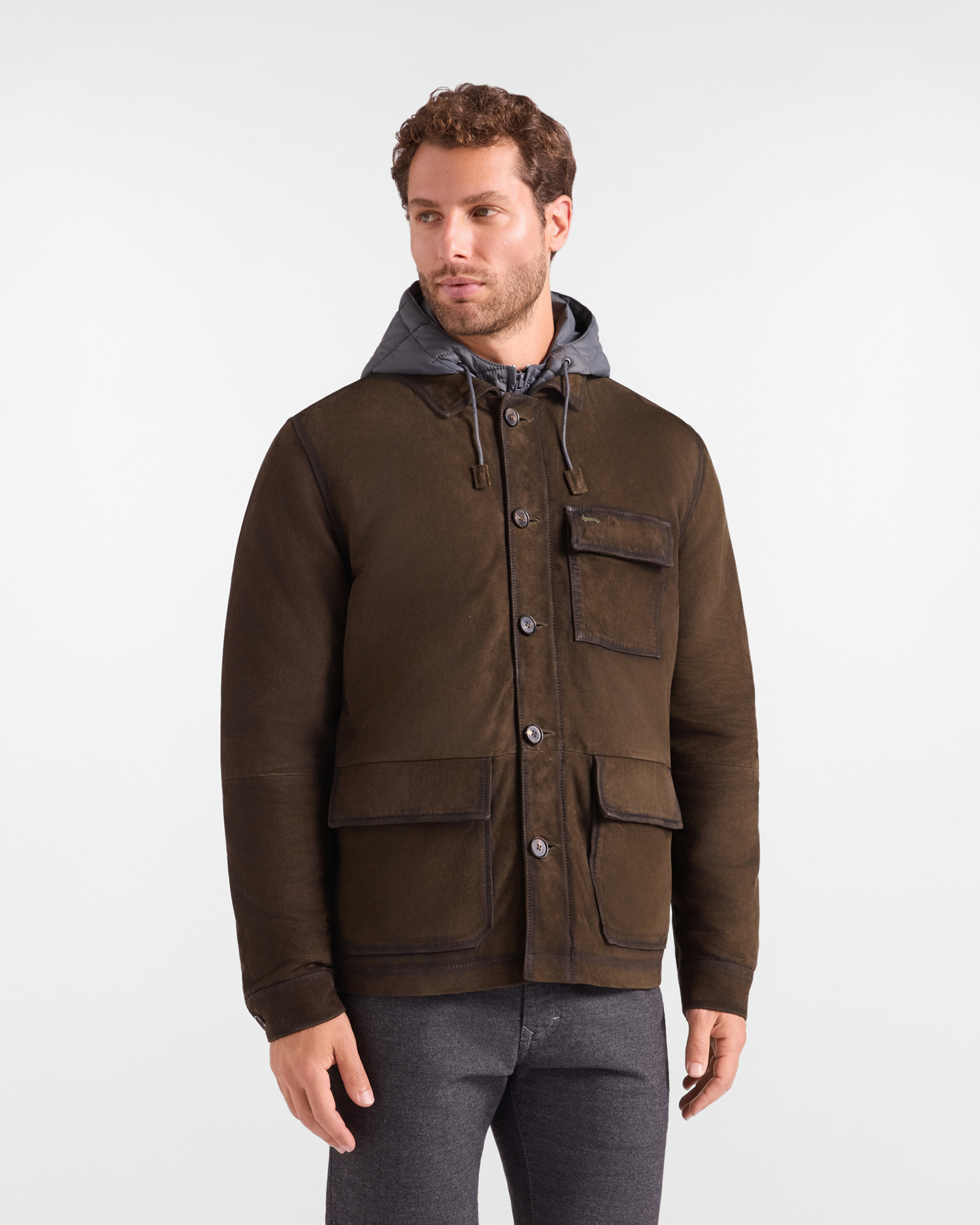 Capospalla Uomo in pelle scamosciata con giubbino interno in nylon verde petrolio