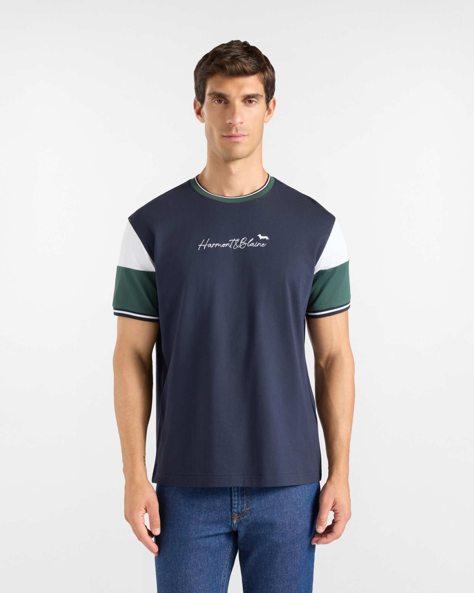 T-shirt Uomo con girocollo a costine rigate in 100% puro cotone blu Relaxed Fit