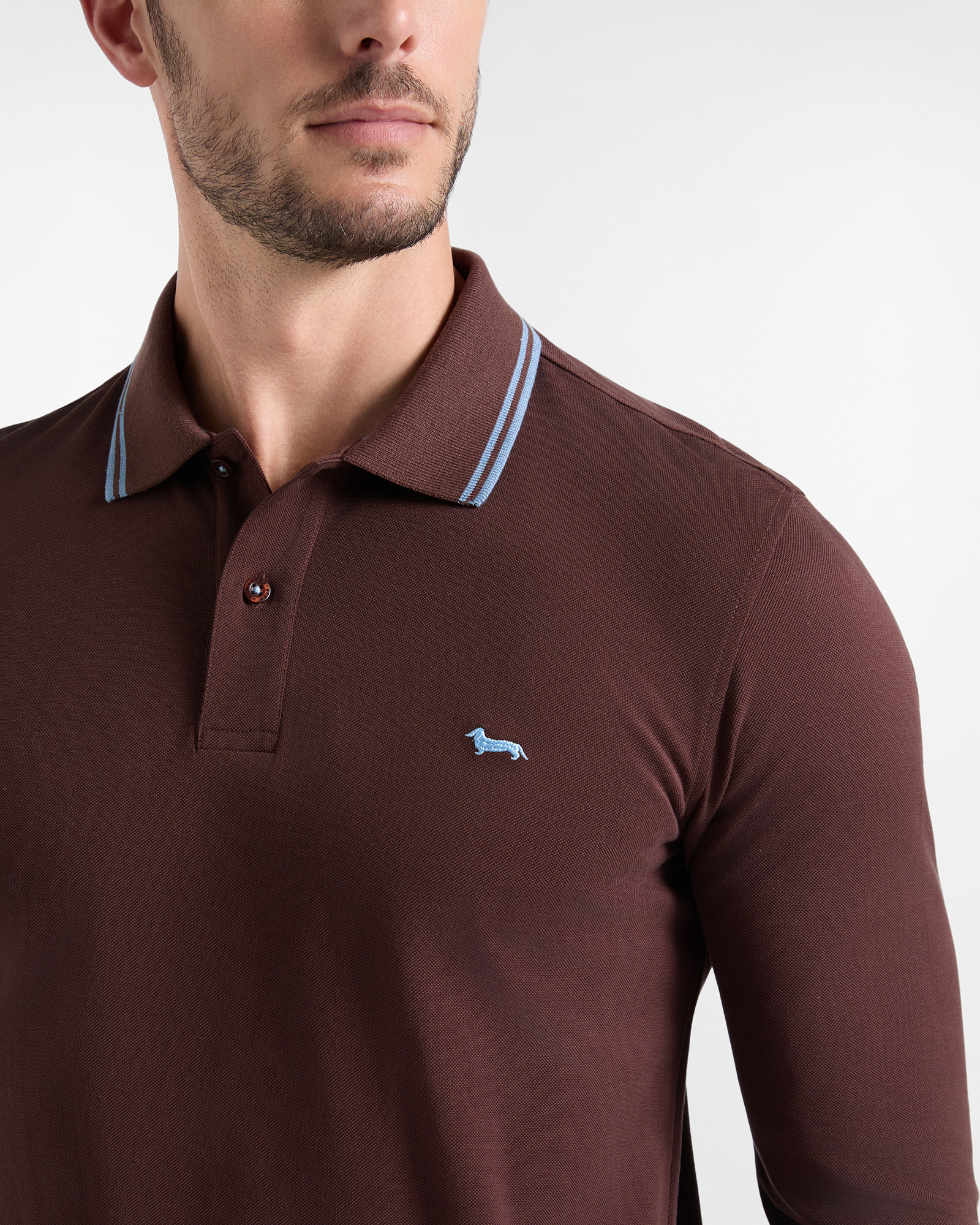 Polo da uomo manica lunga in piquet di 100% puro cotone, MARRONE SCURO, large