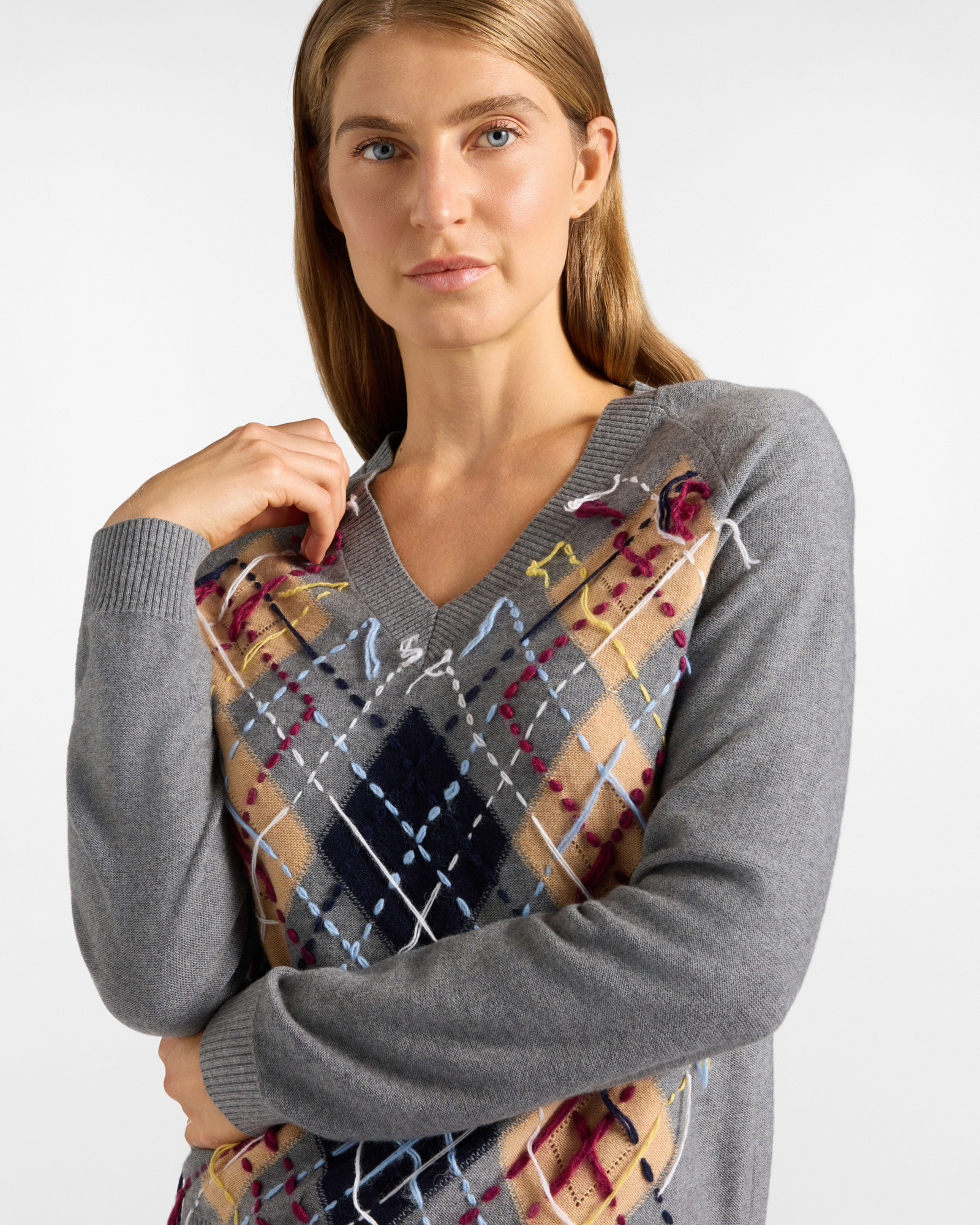 Maglia Donna con scollo a V in misto lana grigia, GRIGIO, large