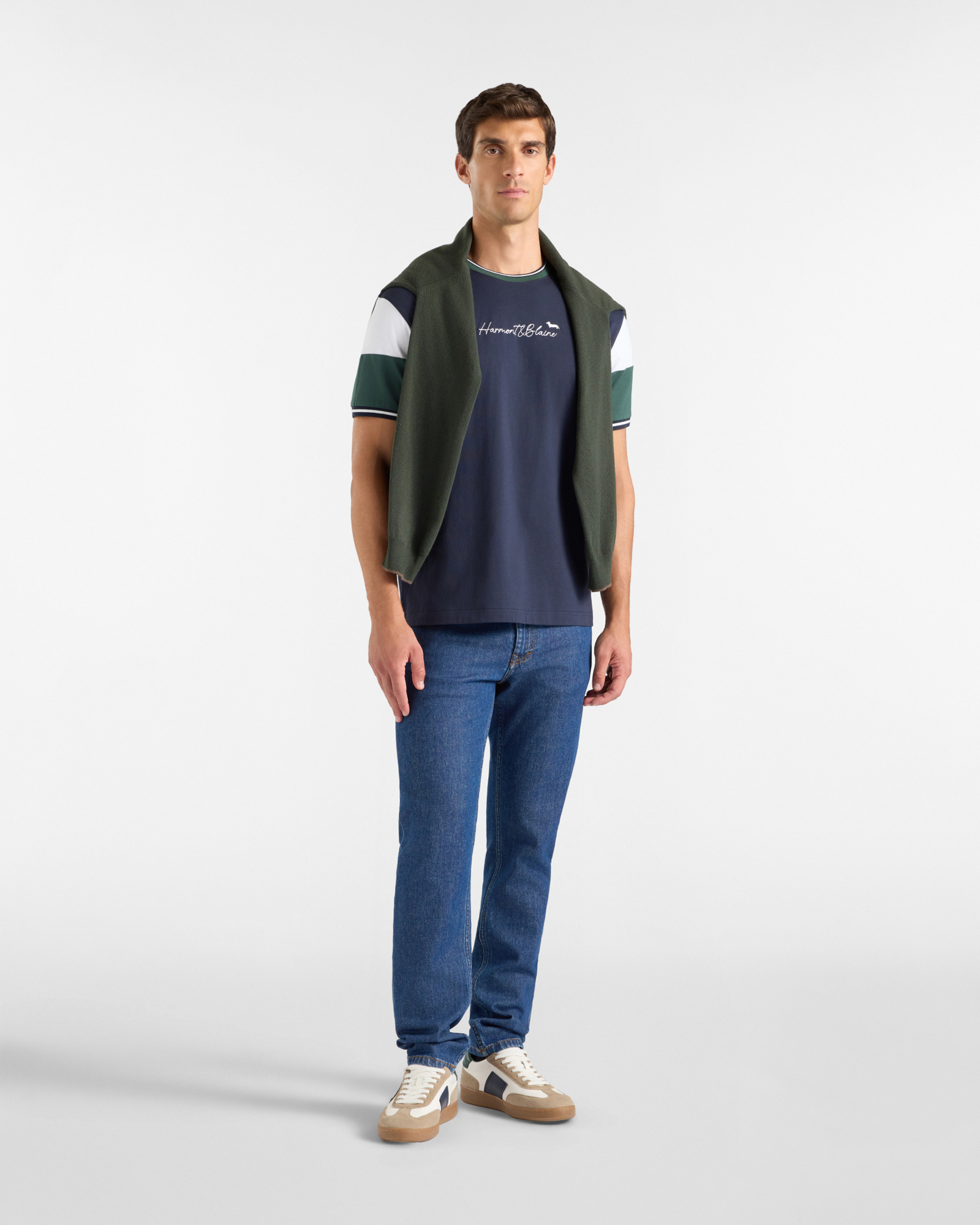 T-shirt Uomo con girocollo a costine rigate in 100% puro cotone  Relaxed Fit, BLU NAVY, large