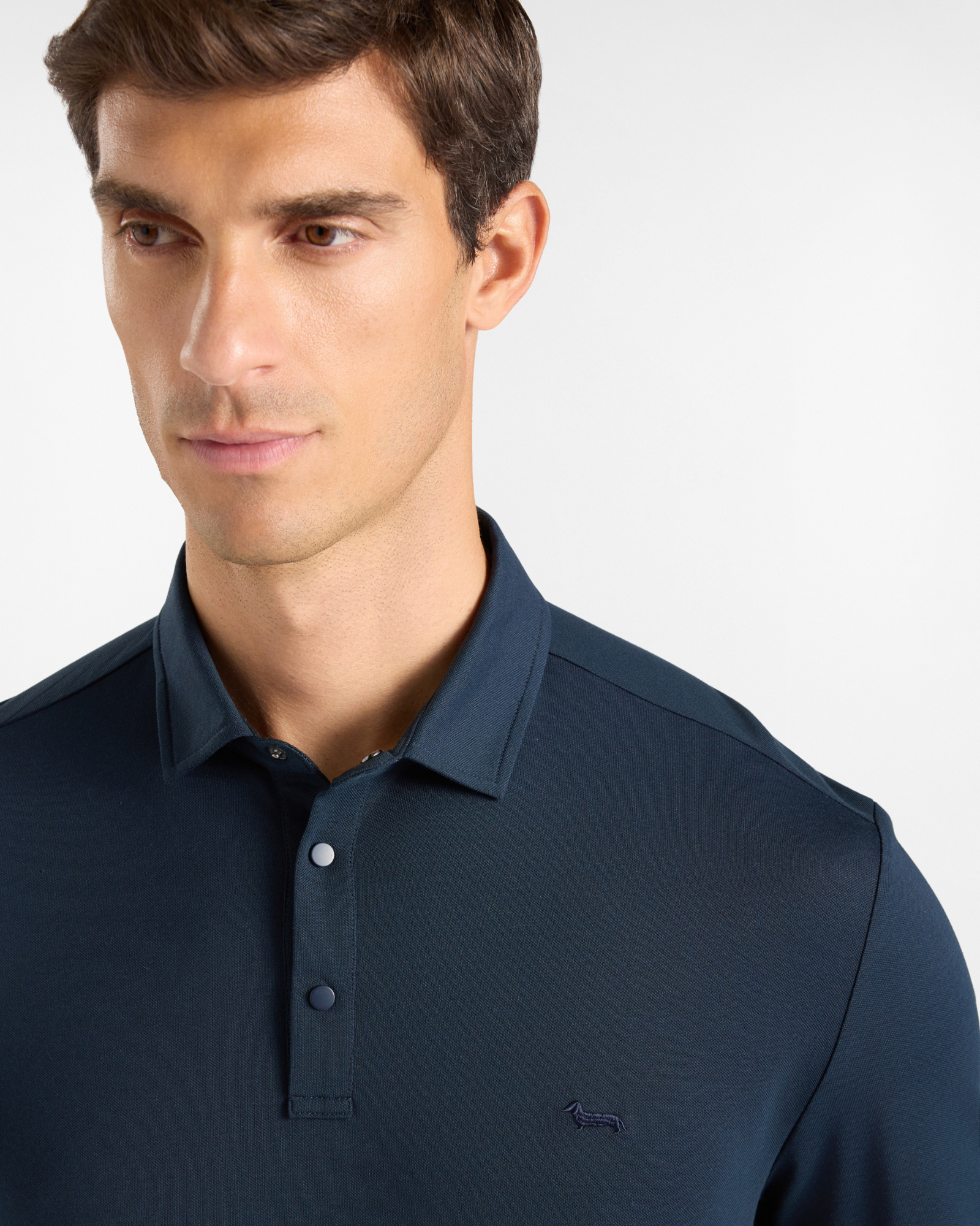 Polo da uomo manica lunga in piquet di cotone stretch grigio, BLU NAVY, large