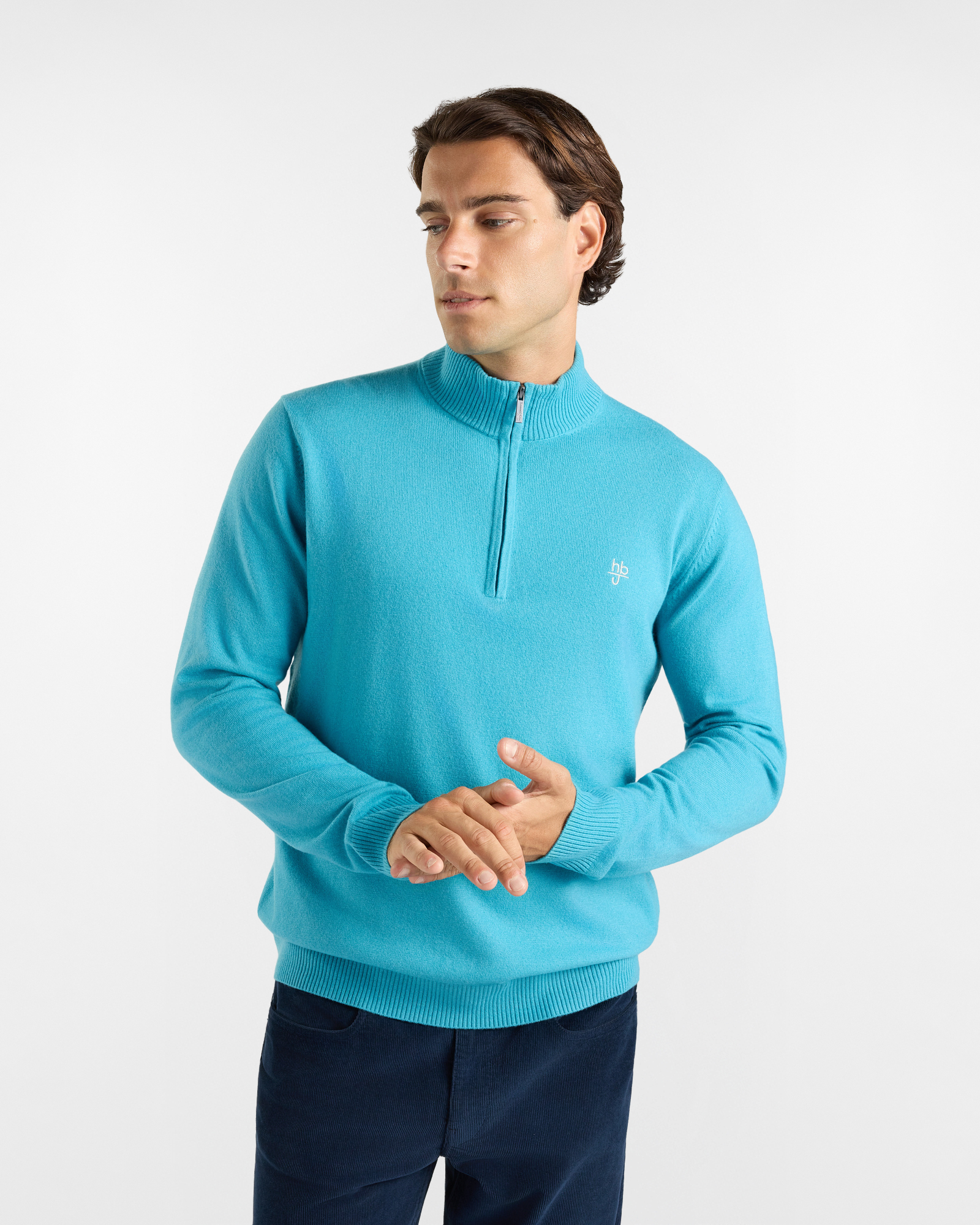 Maglia HBJ Uomo in Punto Cardato Half-Zip in Misto Lana e Cashmere, VERDE, large