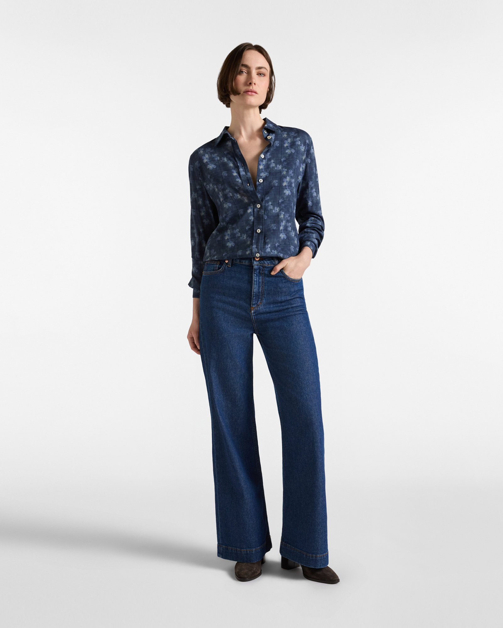 Camicia Donna stampa floreale sfumata blu, BLU, large