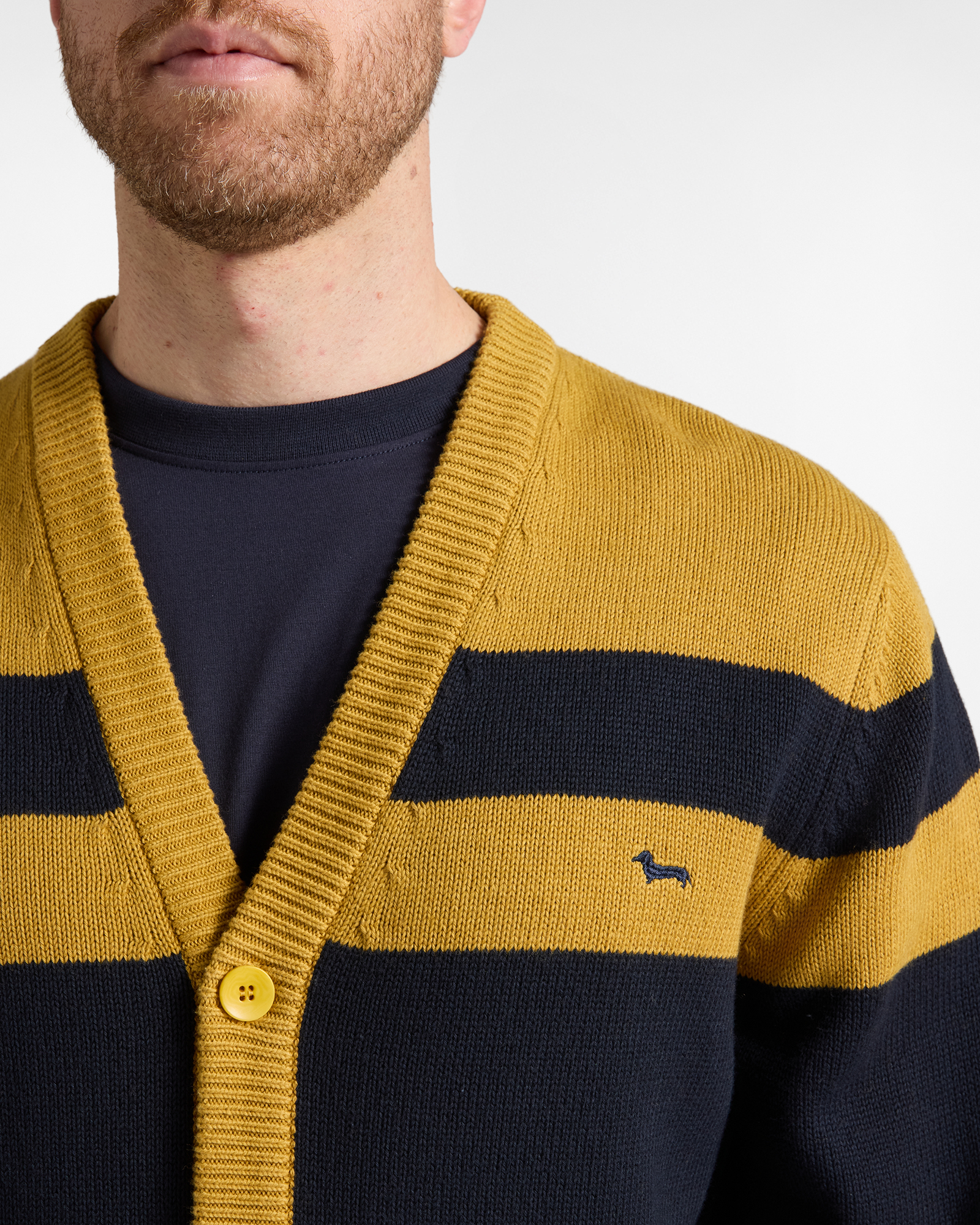 Cardigan Uomo con scollo a V cardigan in misto lana e cotone Regular Fit Made in Italy, NERO-GIALLO, large