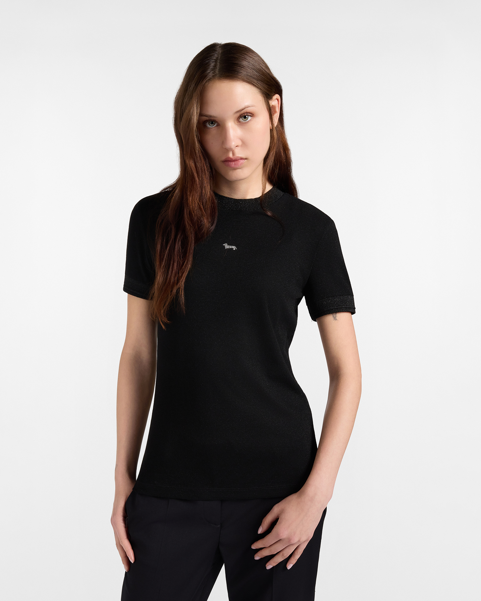 T-shirt Donna Slim in Costina Lam&eacute; con Bassottino in Strass Nero