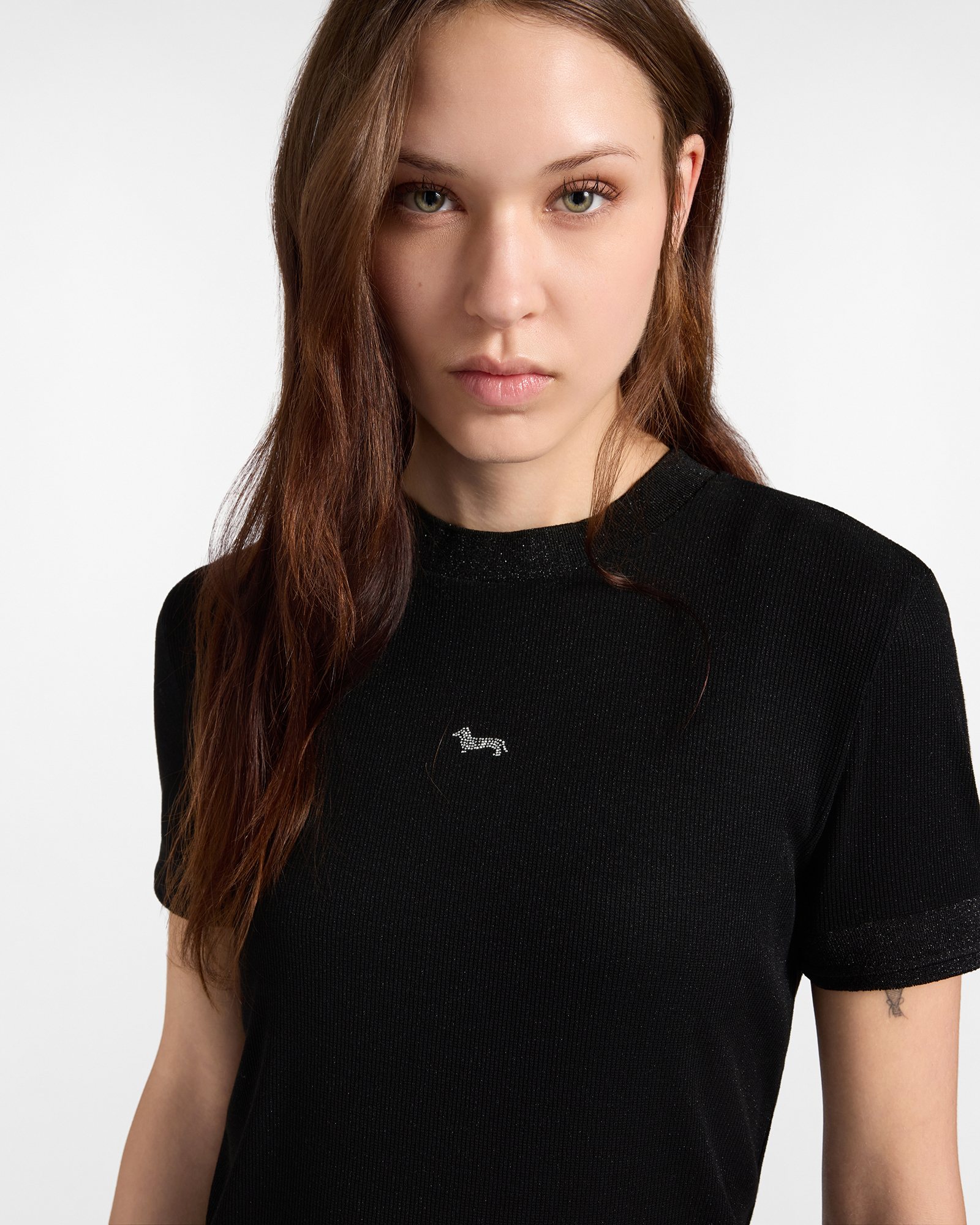 T-shirt Donna Slim in Costina Lam&eacute; con bassottino strass in nylon stretch, NERO, large