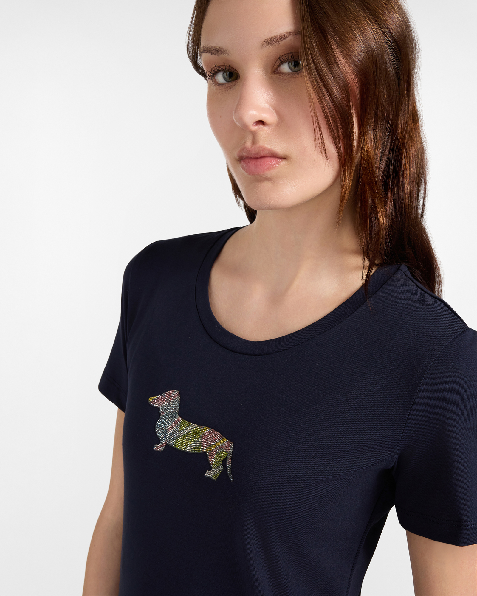 T-shirt Donna in cotone stretch  con Maxi Bassotto, BLU, large