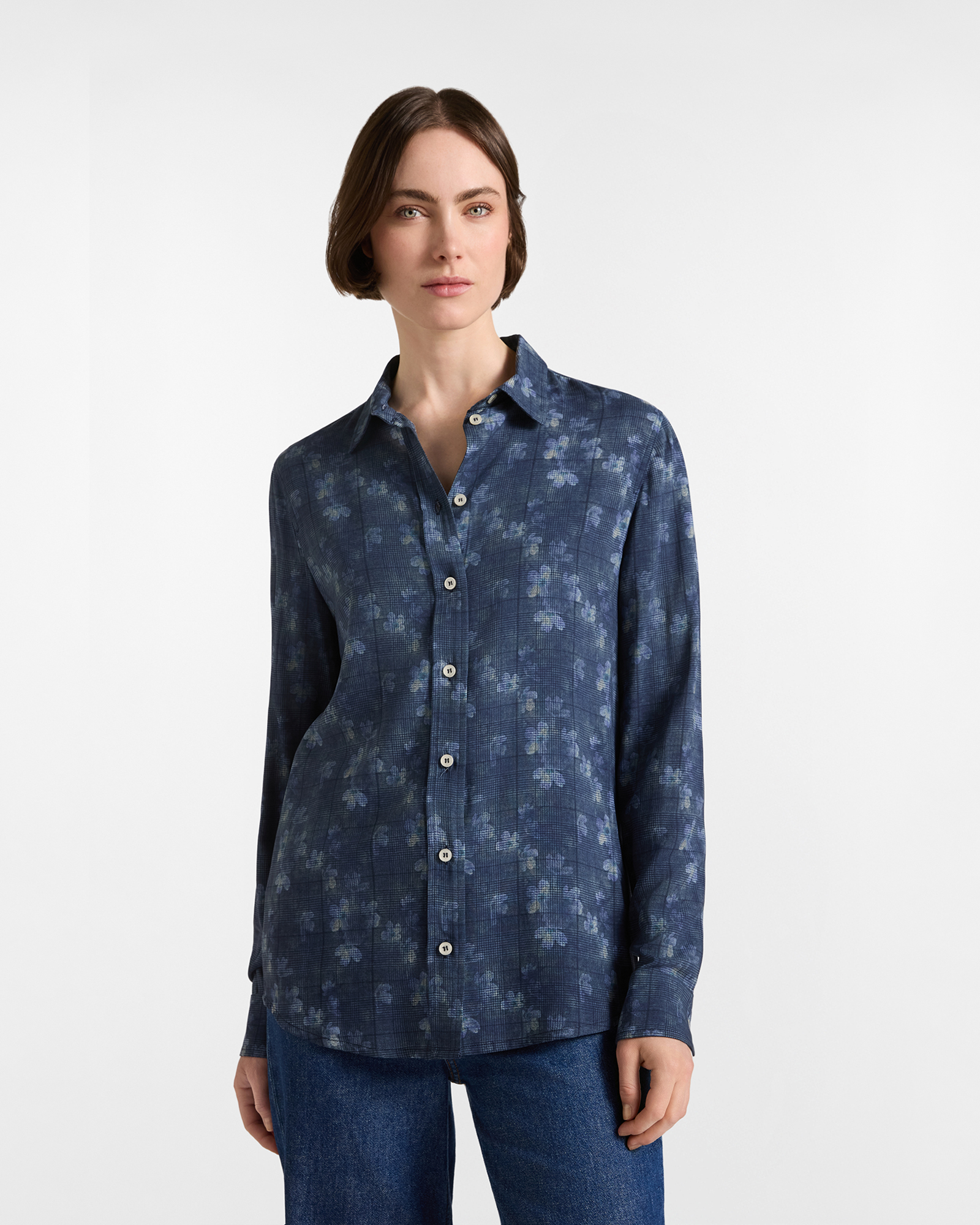 Camicia Donna stampa floreale sfumata blu