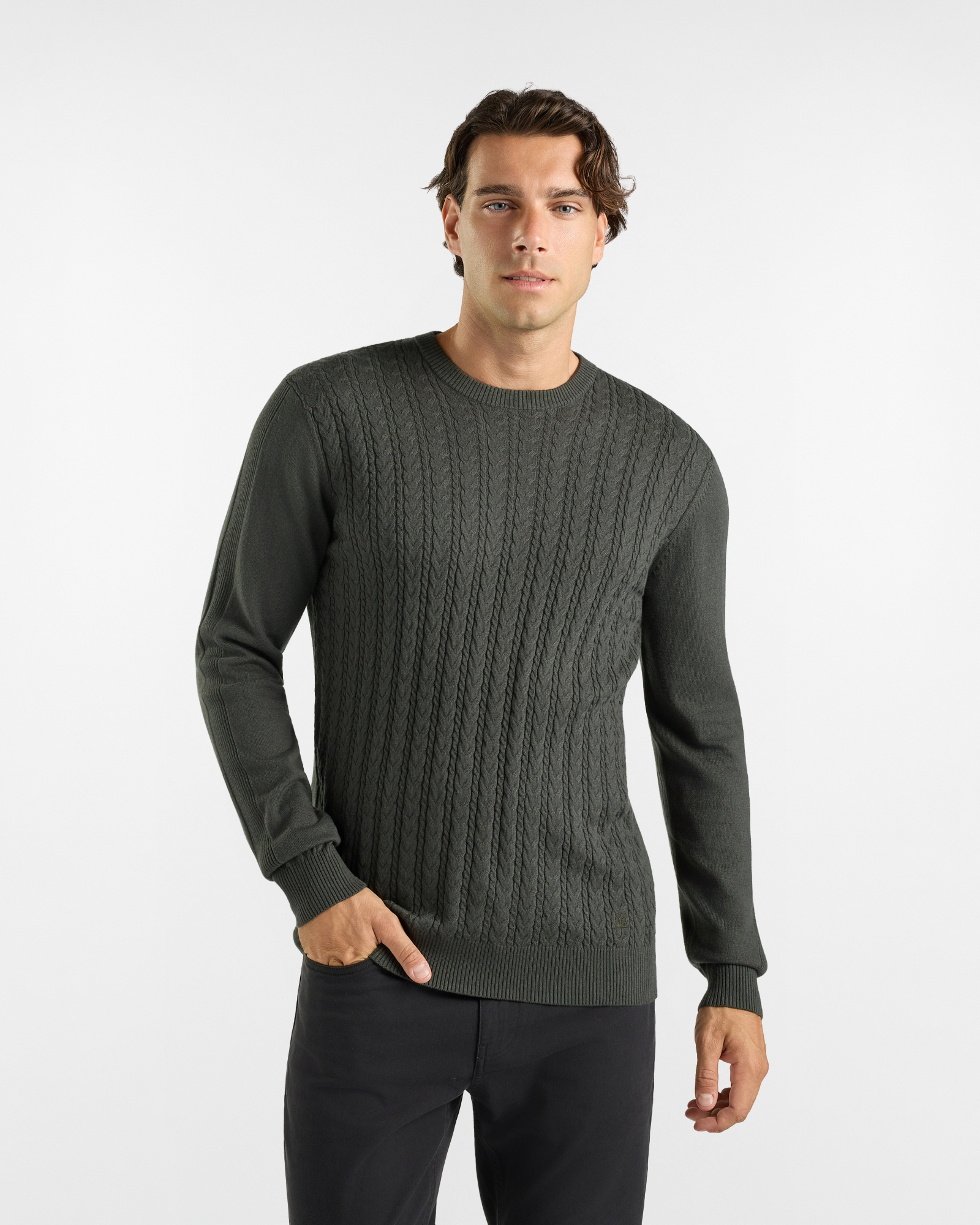 Maglia Girocollo HBJ Uomo con lavorazione a trecce in misto lana e cashmere verde