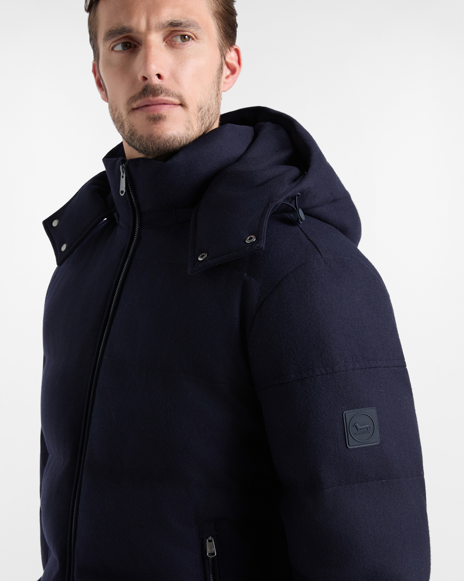 Bomber Uomo imbottito con cappuccio in misto lana e seta blu navy, BLU NAVY, large
