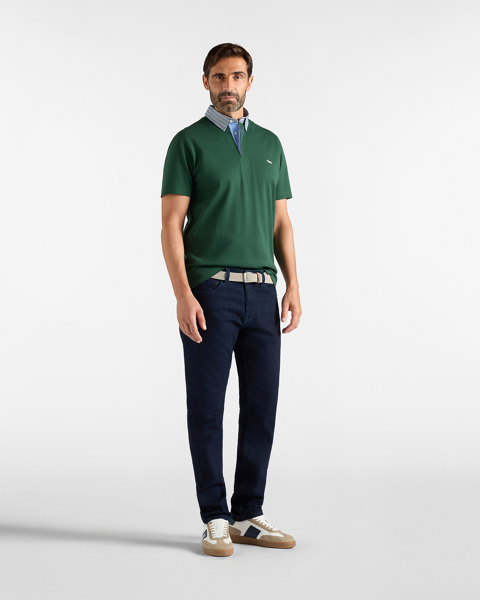 Polo Uomo Vietri in Piquet di Cotone con Collo a Contrasto, VERDE BOTTIGLIA, large