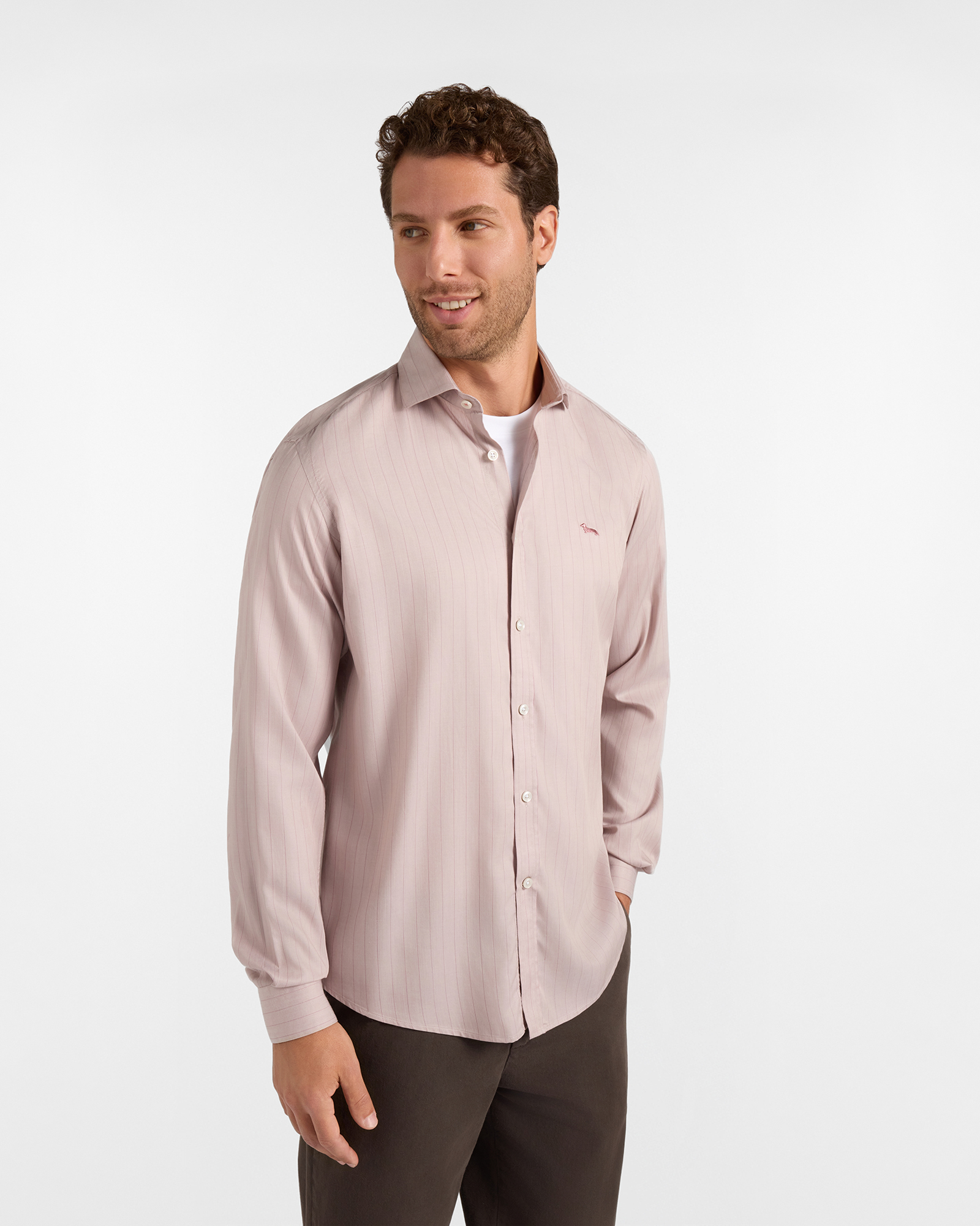 Camicia Uomo a righe twill Tencel&reg; Narrow Fit sabbia