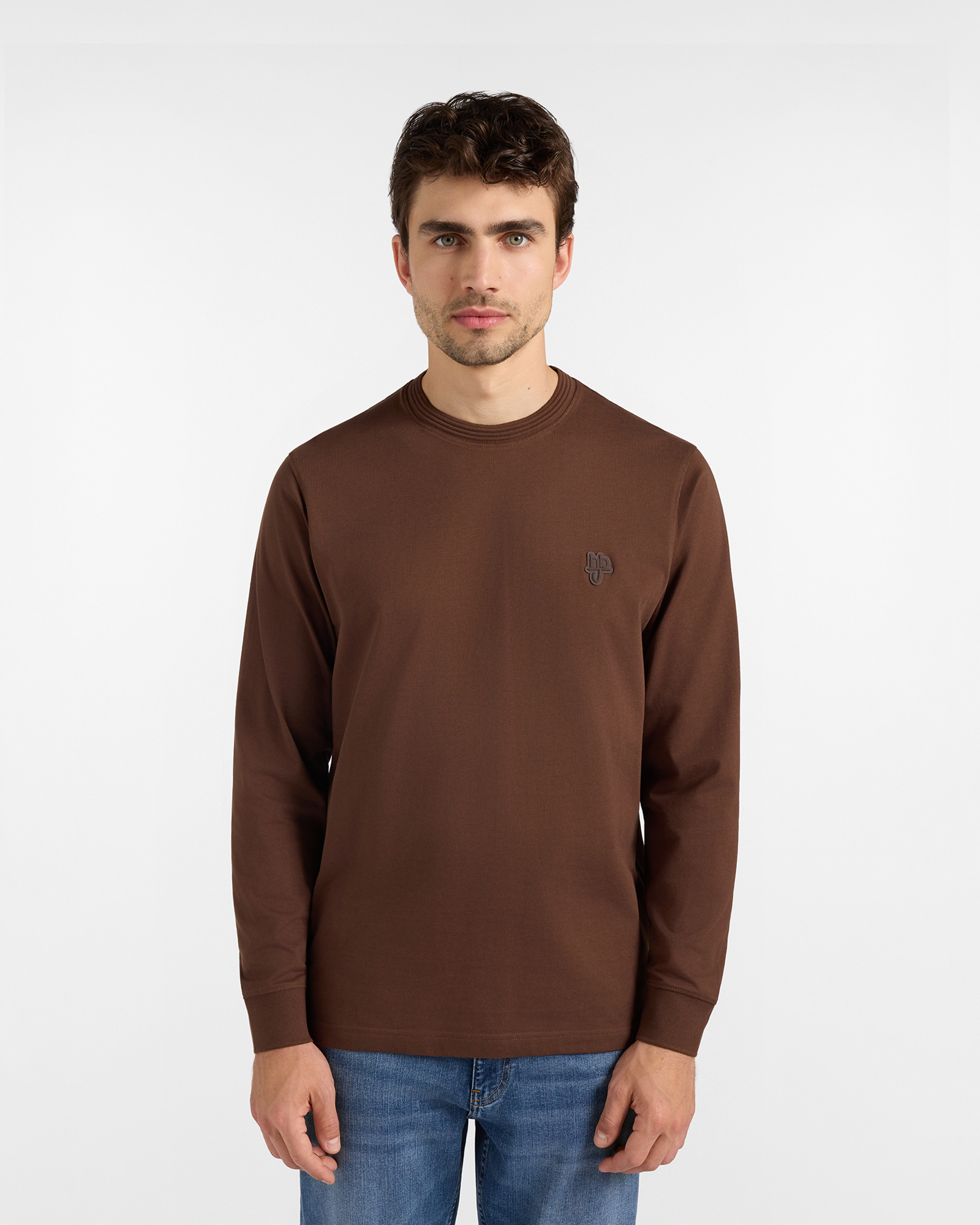 T-shirt HBJ Uomo con Patch Logo in Puro Cotone Marrone