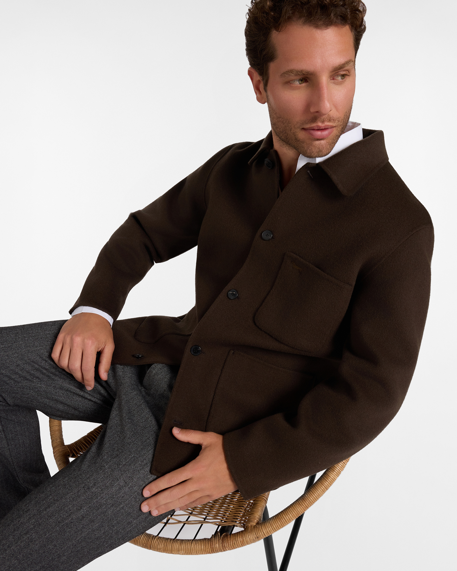 Overshirt da uomo in pura lana con tasche a patch, TESTA DI MORO, large
