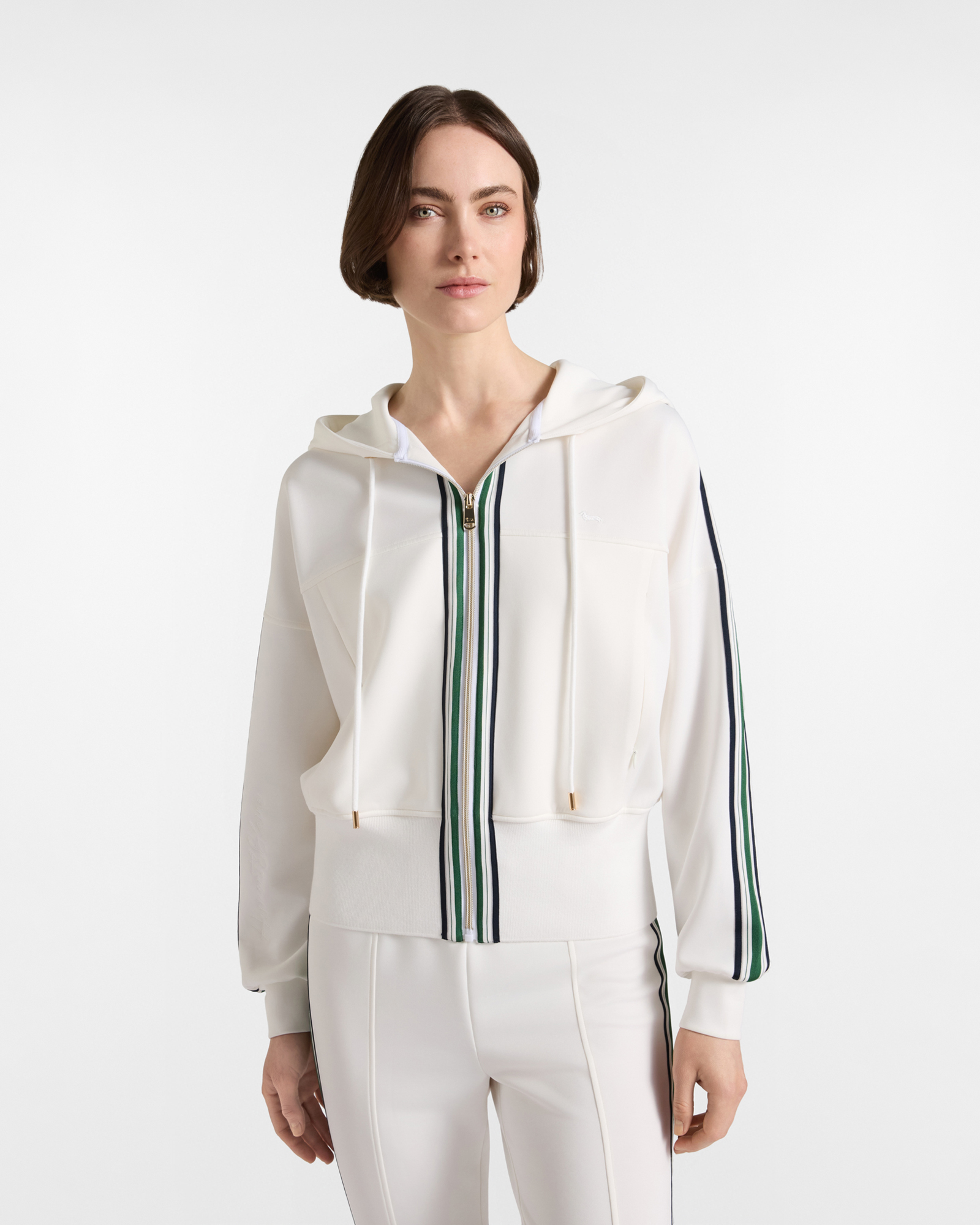 Felpa Donna full zip con cappuccio bianca e bande rigate