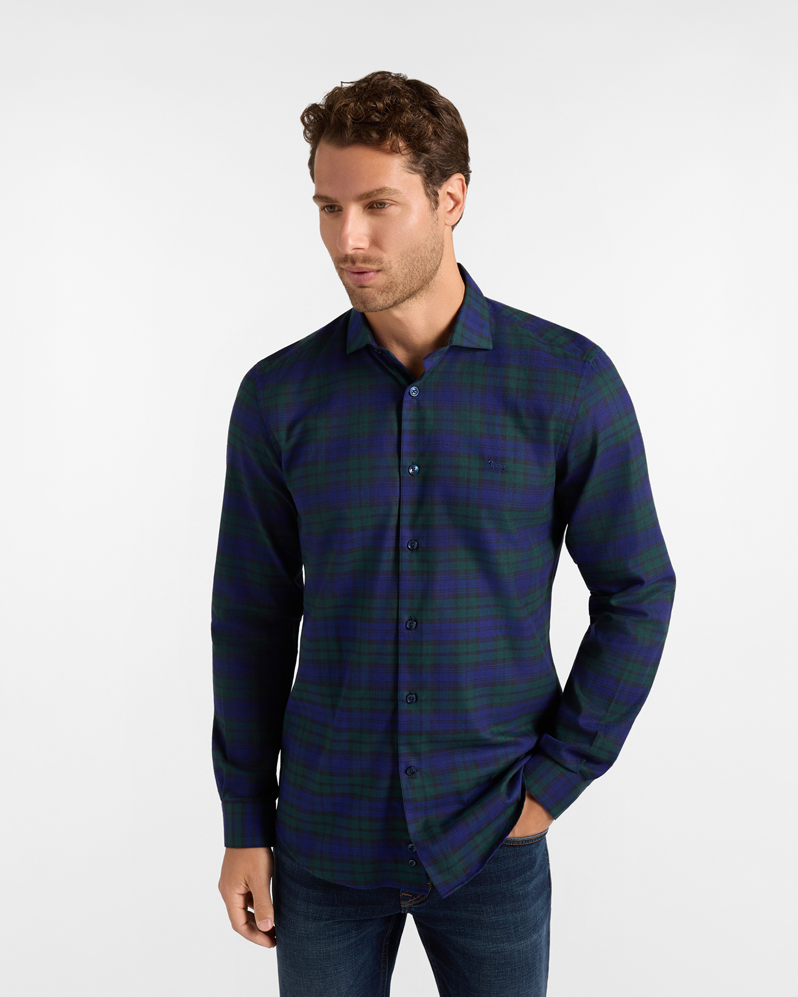 Camicia Uomo flanella check Narrow Fit verde/blu bottiglia Made in Italy