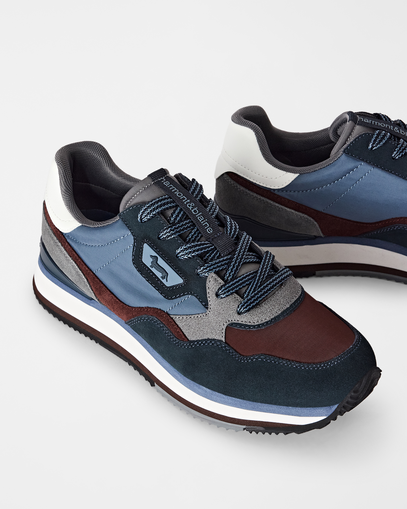 Sneaker Uomo running in suede tricolore e tessuto tecnico tricolore, BLU - MARRONE, large