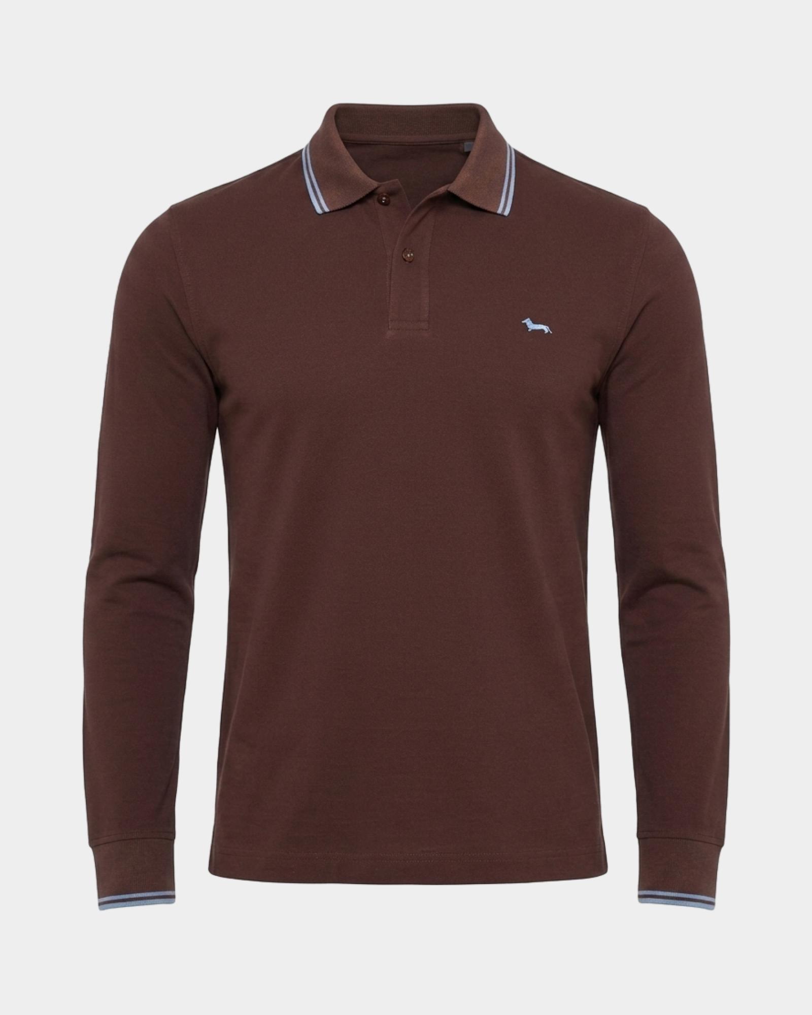 Polo da uomo manica lunga in piquet di 100% puro cotone, MARRONE SCURO, large