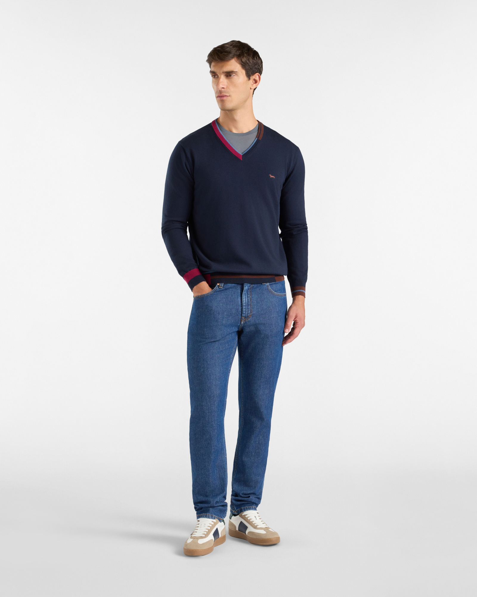 Maglia Uomo con scollo a V in misto lana e cotone Regular Fit, BLU NAVY, large