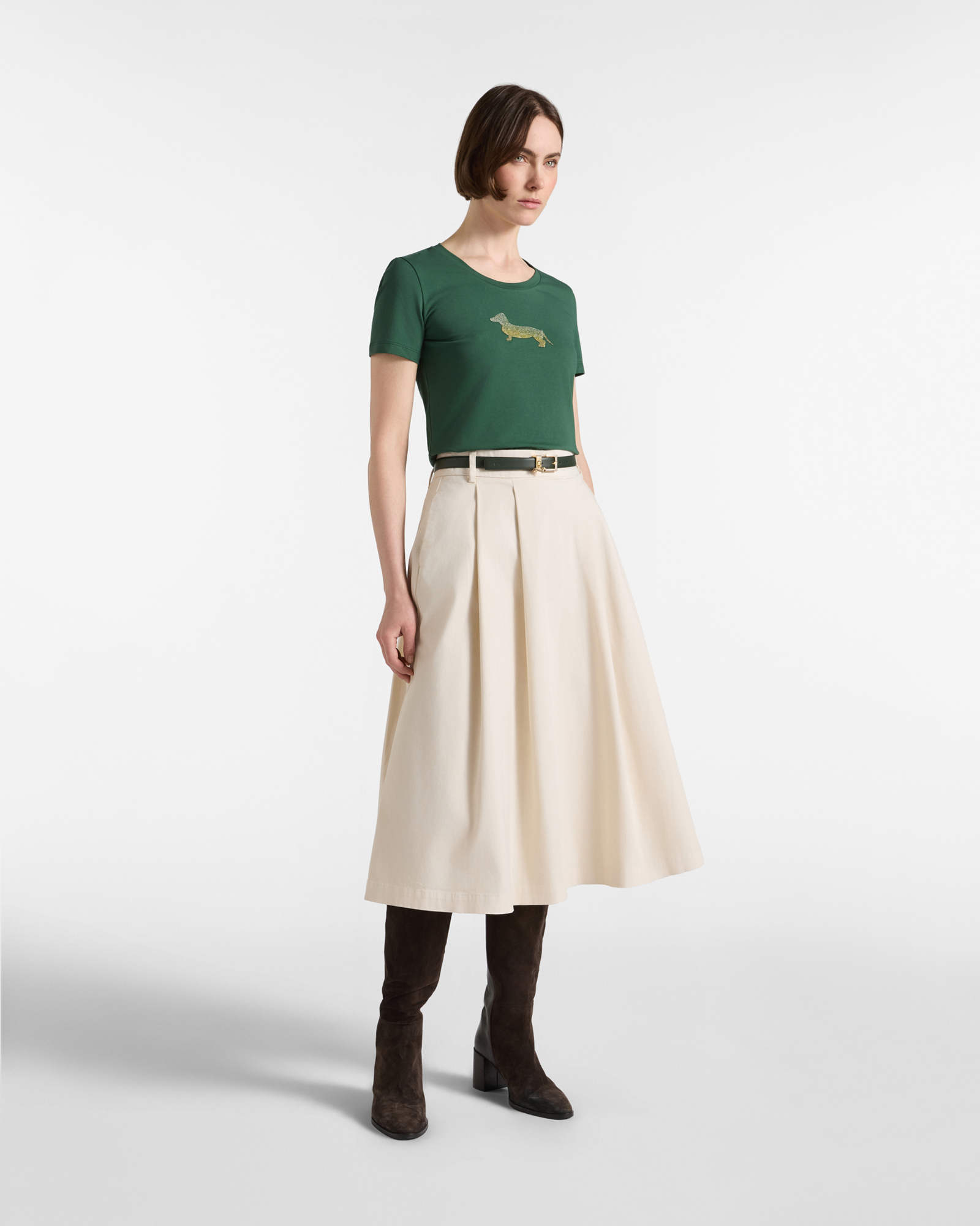 T-shirt Donna in cotone stretch  con Maxi Bassotto Glitter, VERDE, large