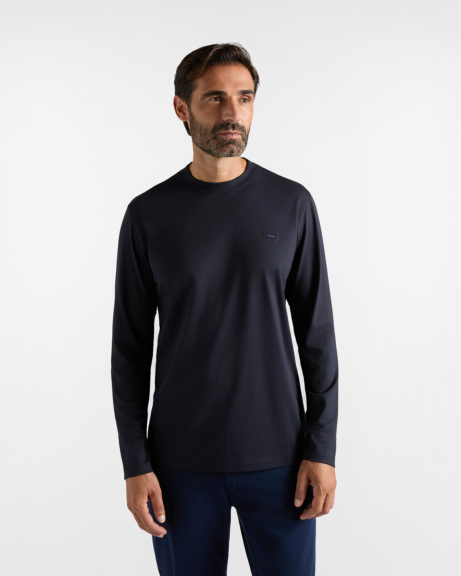 T-shirt Uomo manica lunga in puro cotone jersey blu navy con Bassotto a contrasto