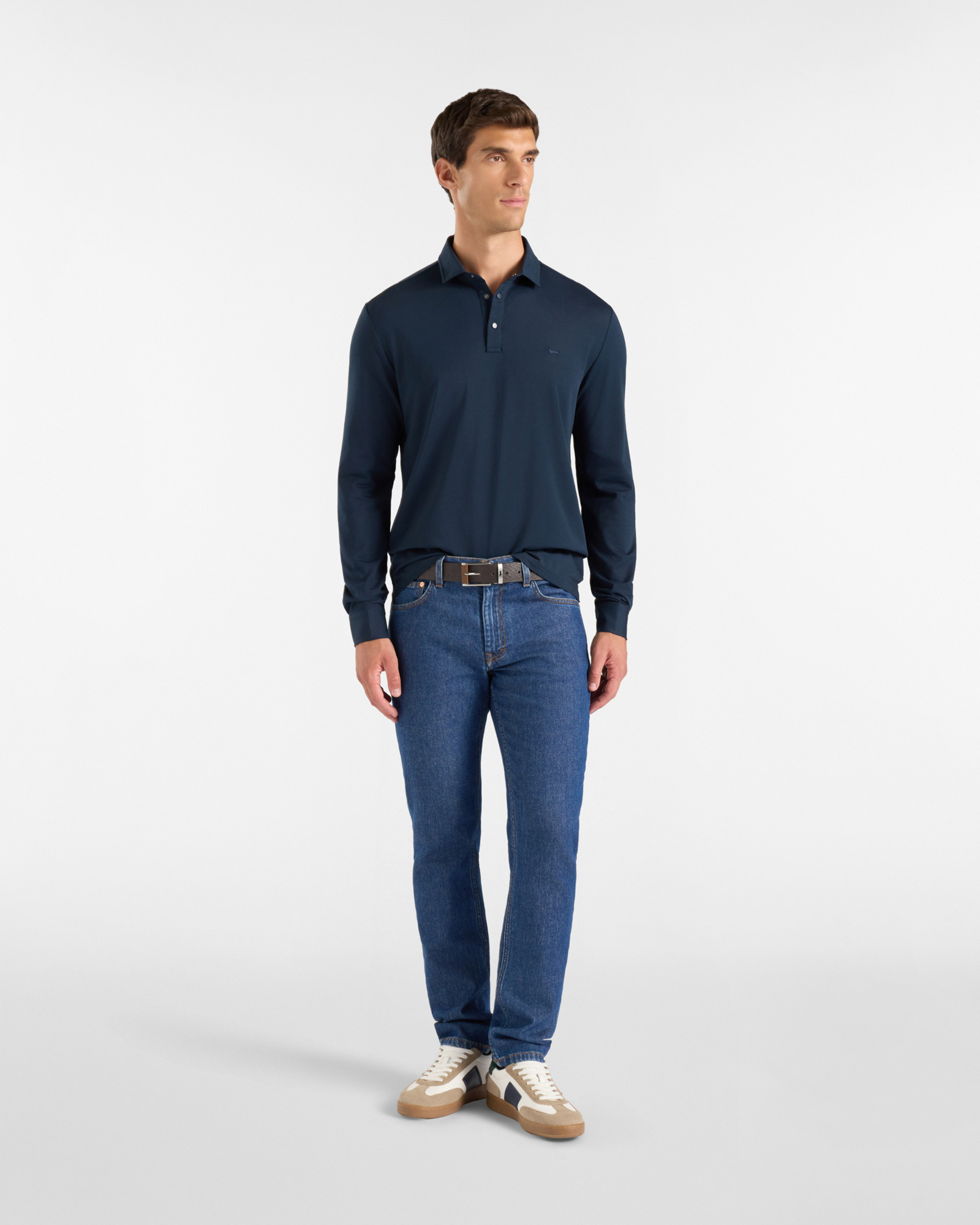 Polo da uomo manica lunga in piquet di cotone stretch grigio, BLU NAVY, large