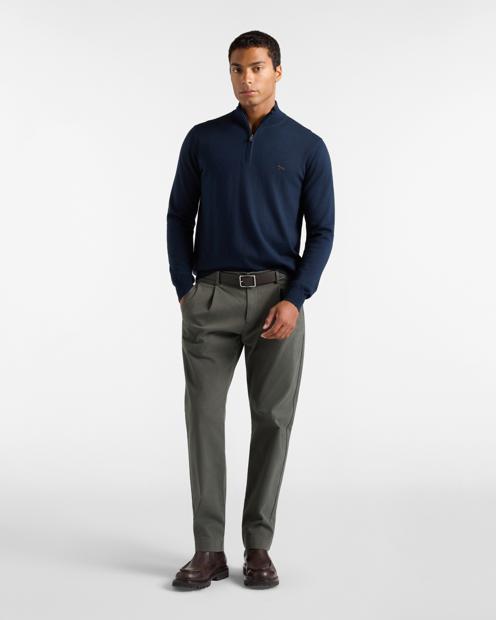 Maglia Uomo con collo alto half zip in misto lana e cotone  Regular Fit, BLU NAVY, large