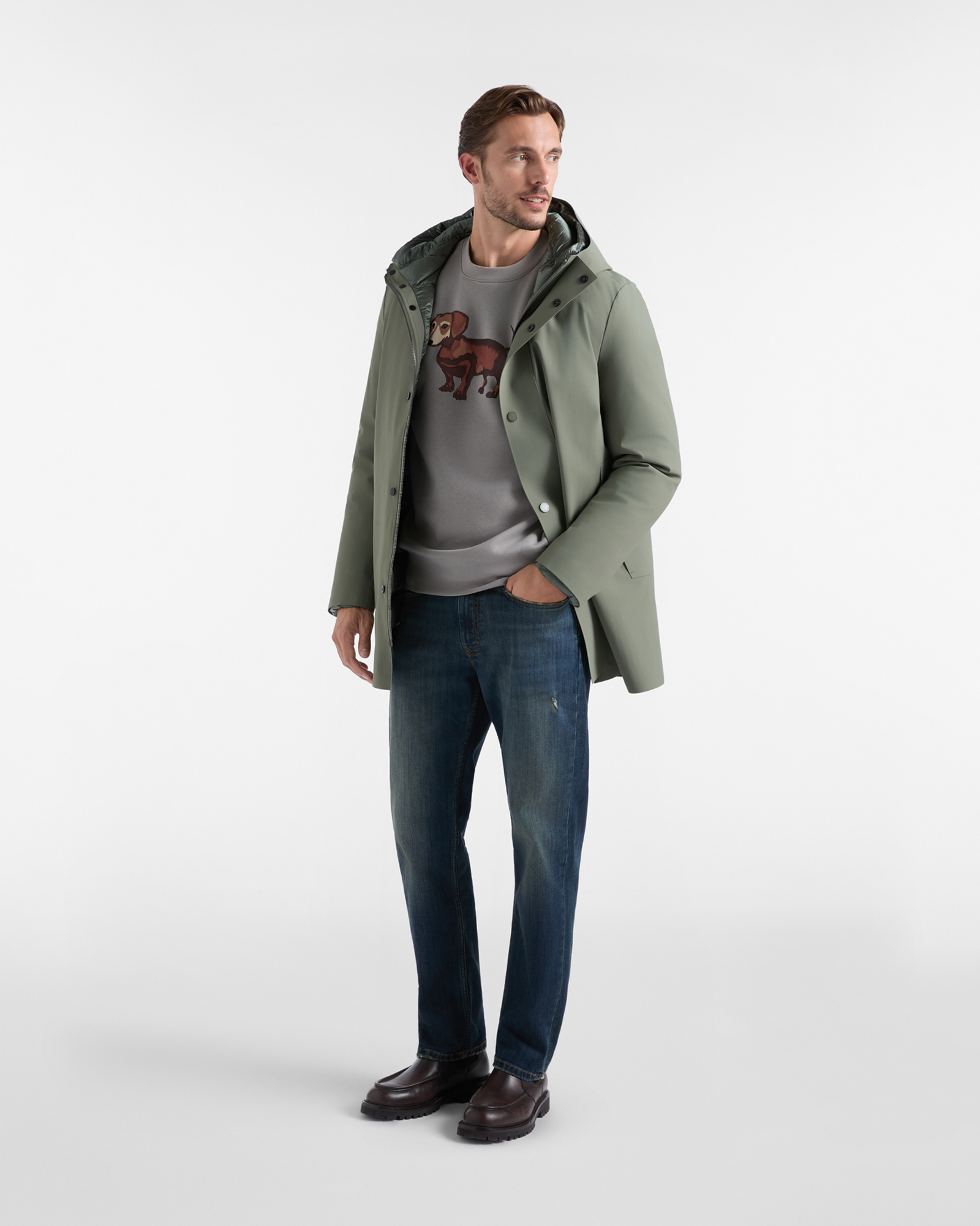 Felpa Uomo girocollo in garzata con maxi Bassotto stampato capsule Blaine, GRIGIO, large