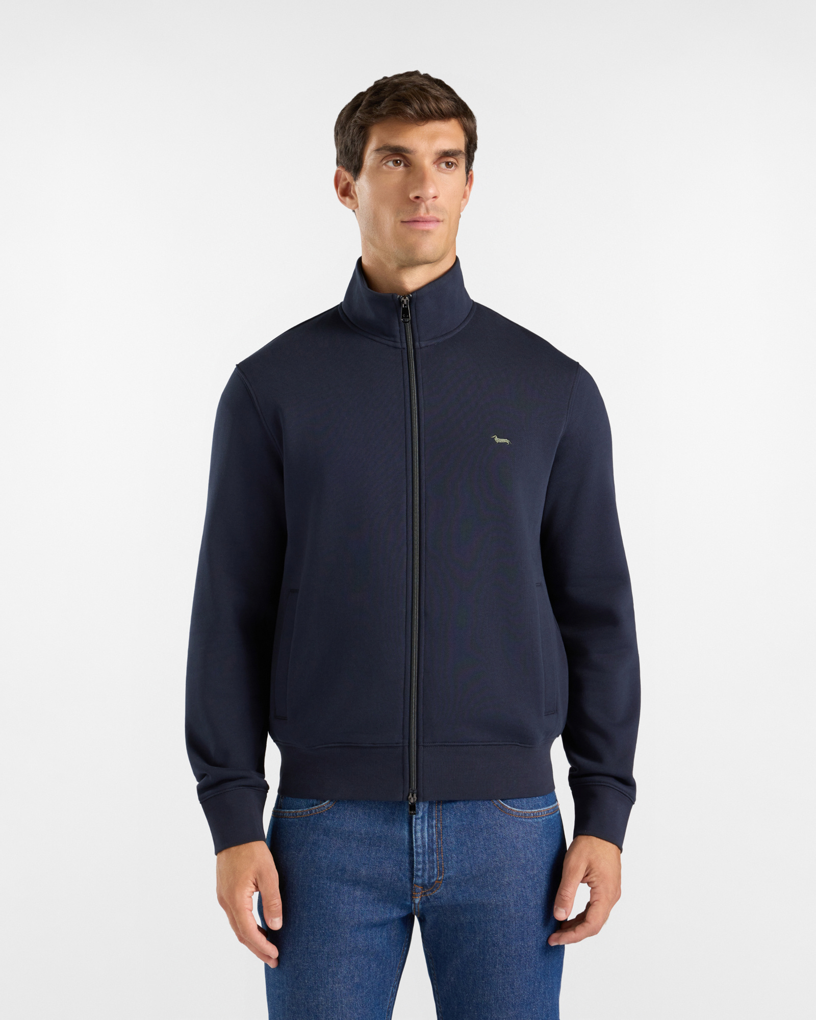 Felpa Uomo full zip blu con collo alto e tasche a filo