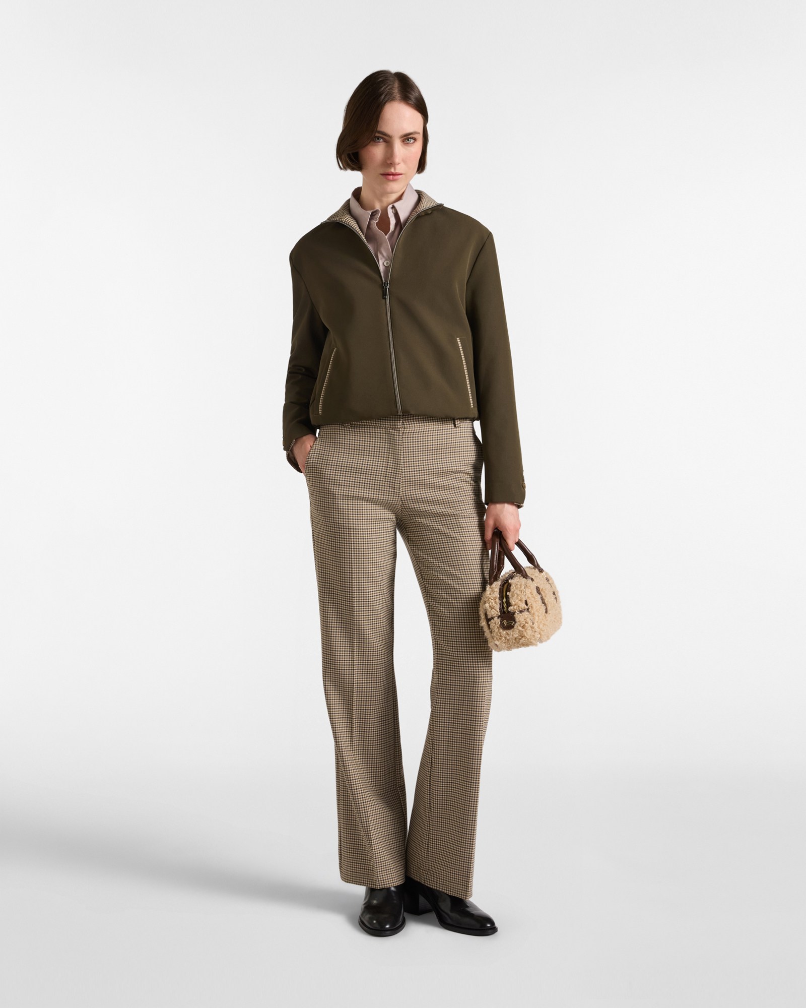Bomber da donna in tessuto cady tecnico con inserti vichy Made in Italy, VERDE MILITARE, large