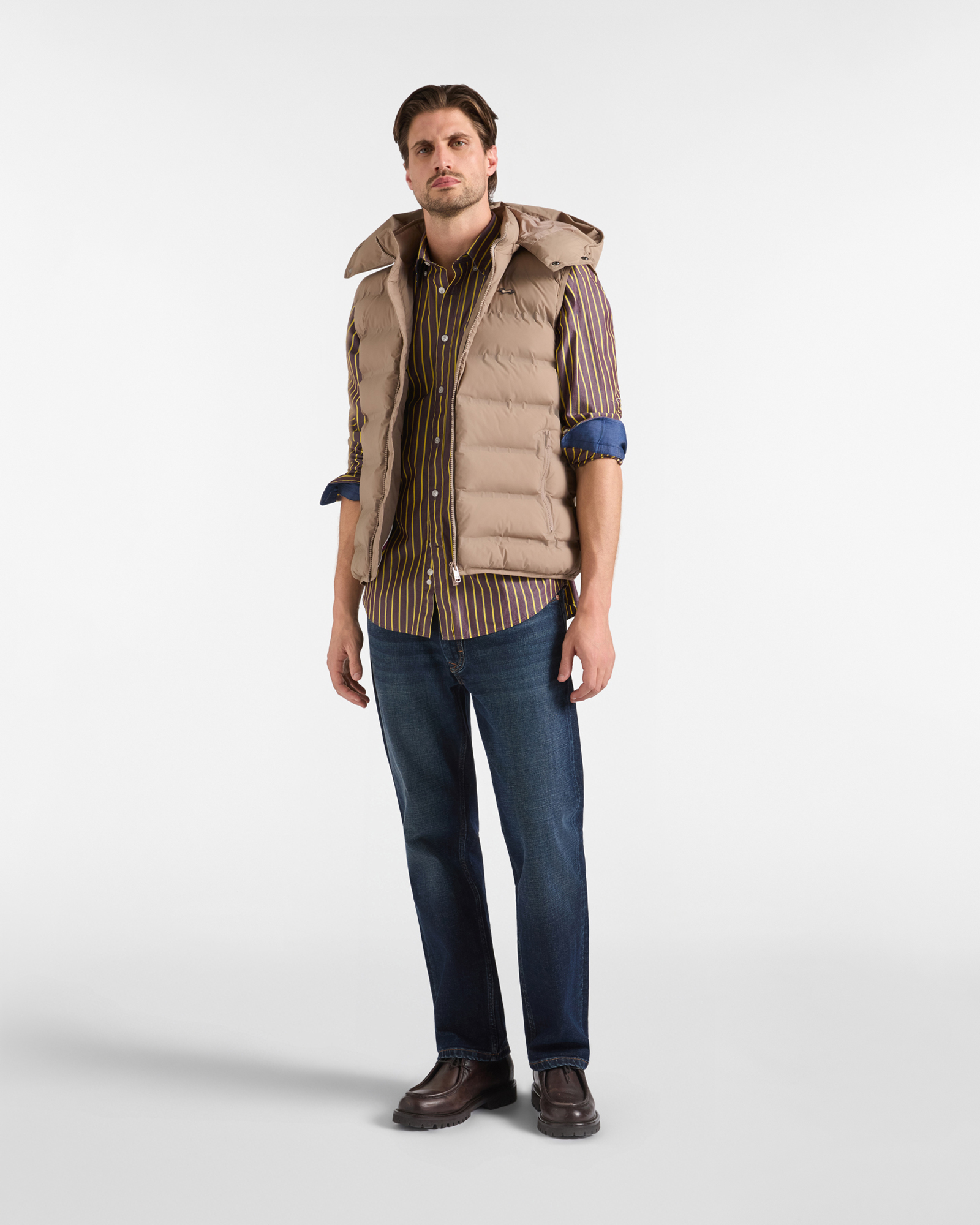Gilet Uomo Imbottito in Nylon Tecnico Stretch, CUOIO, large