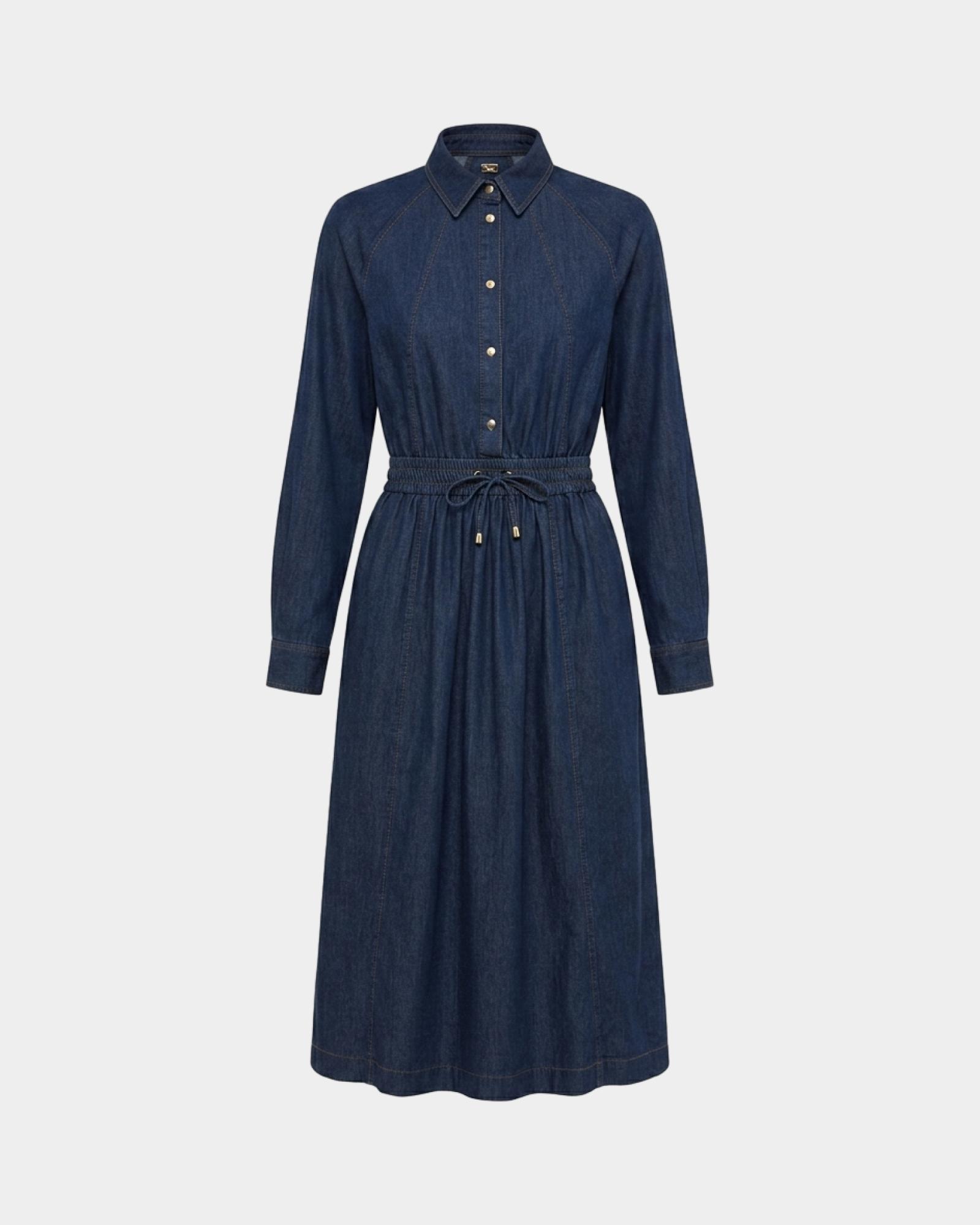 Abito Chemisier Midi Donna in Denim Blu con Punto Vita Arricciato, BLU DENIM, large